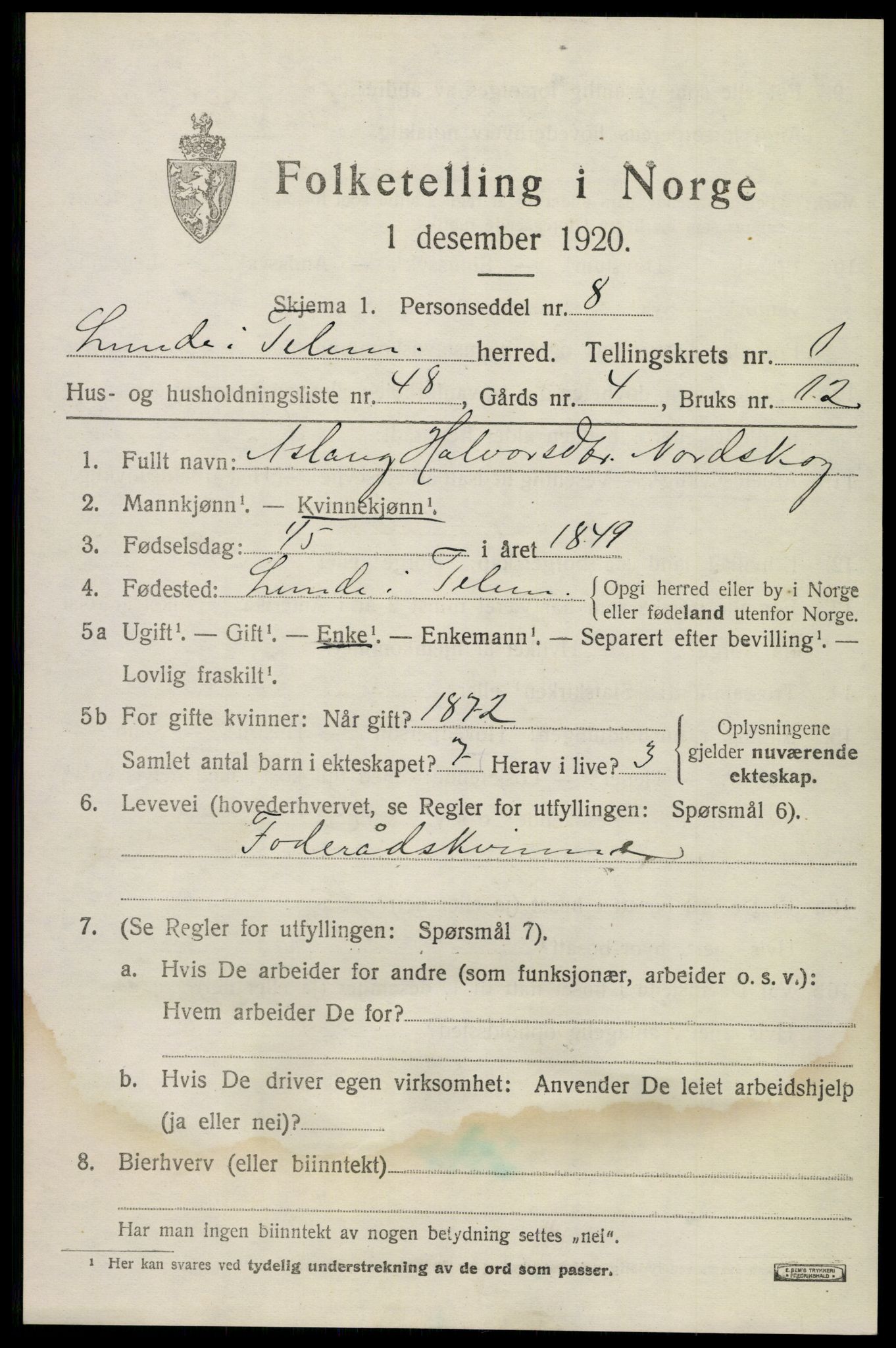 SAKO, 1920 census for Lunde, 1920, p. 1623