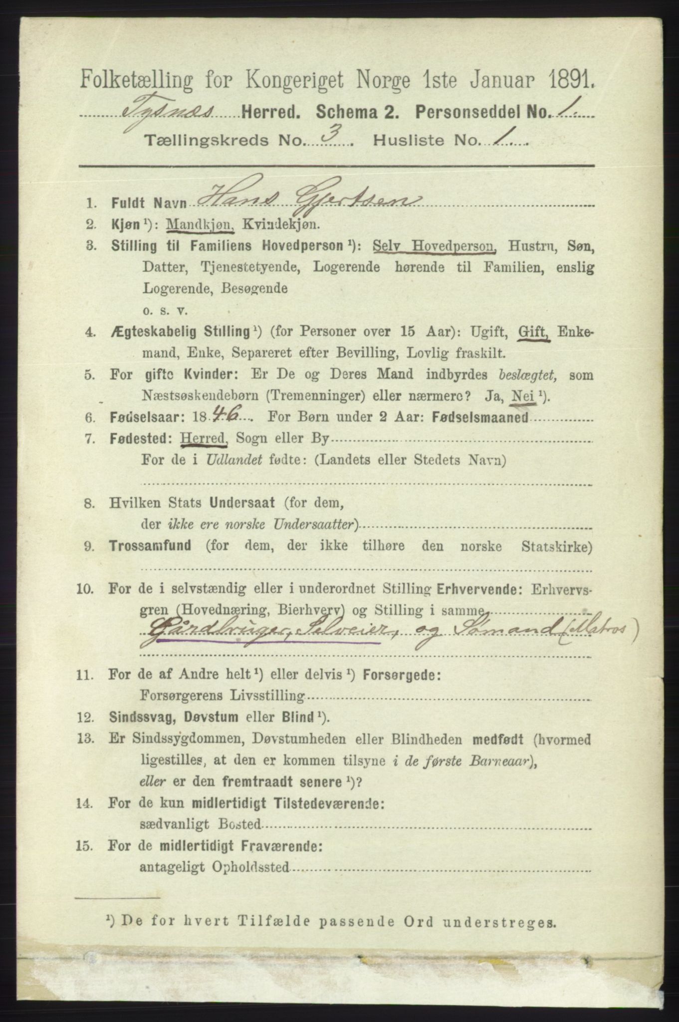 RA, 1891 census for 1223 Tysnes, 1891, p. 843