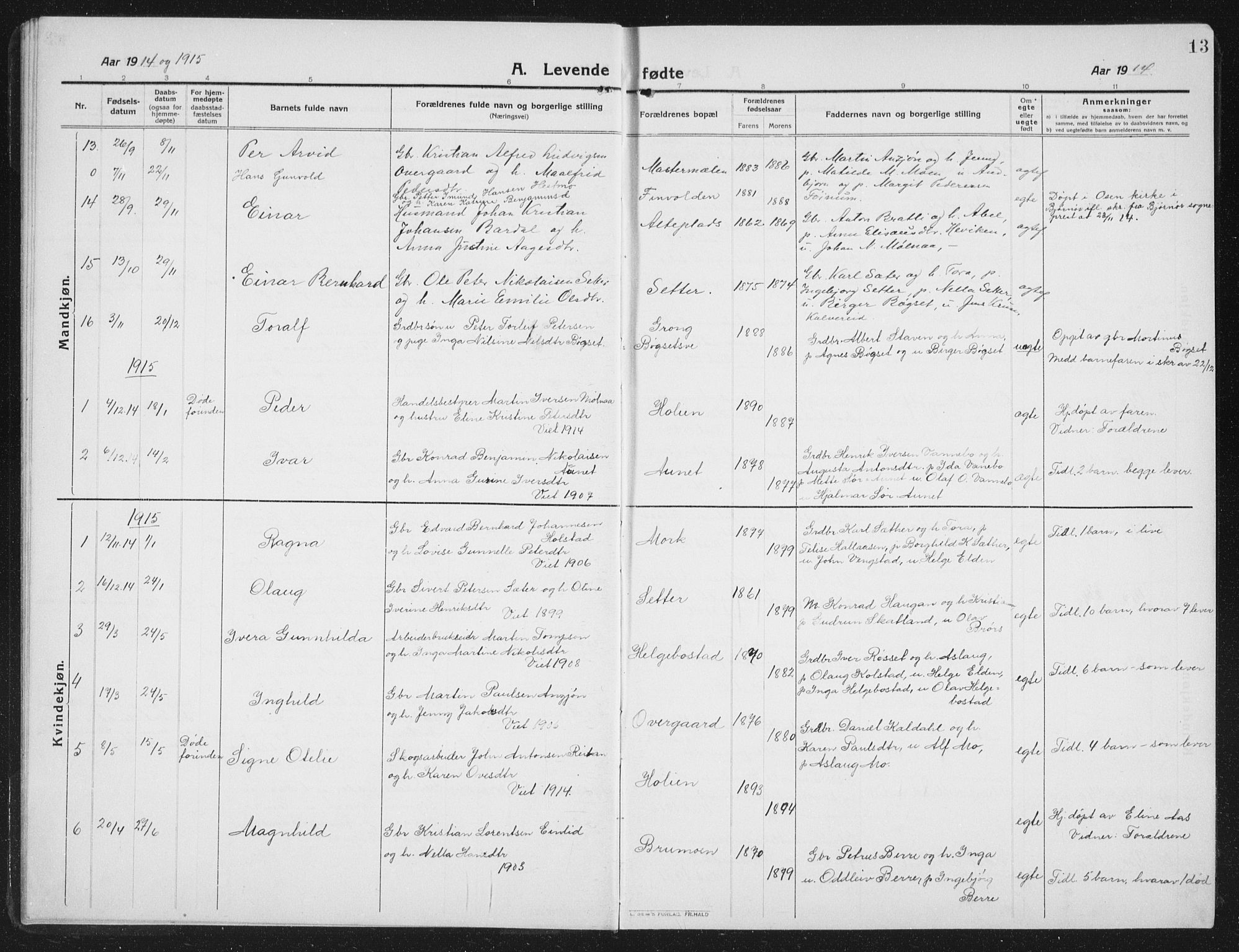 Ministerialprotokoller, klokkerbøker og fødselsregistre - Nord-Trøndelag, AV/SAT-A-1458/742/L0413: Parish register (copy) no. 742C04, 1911-1938, p. 13