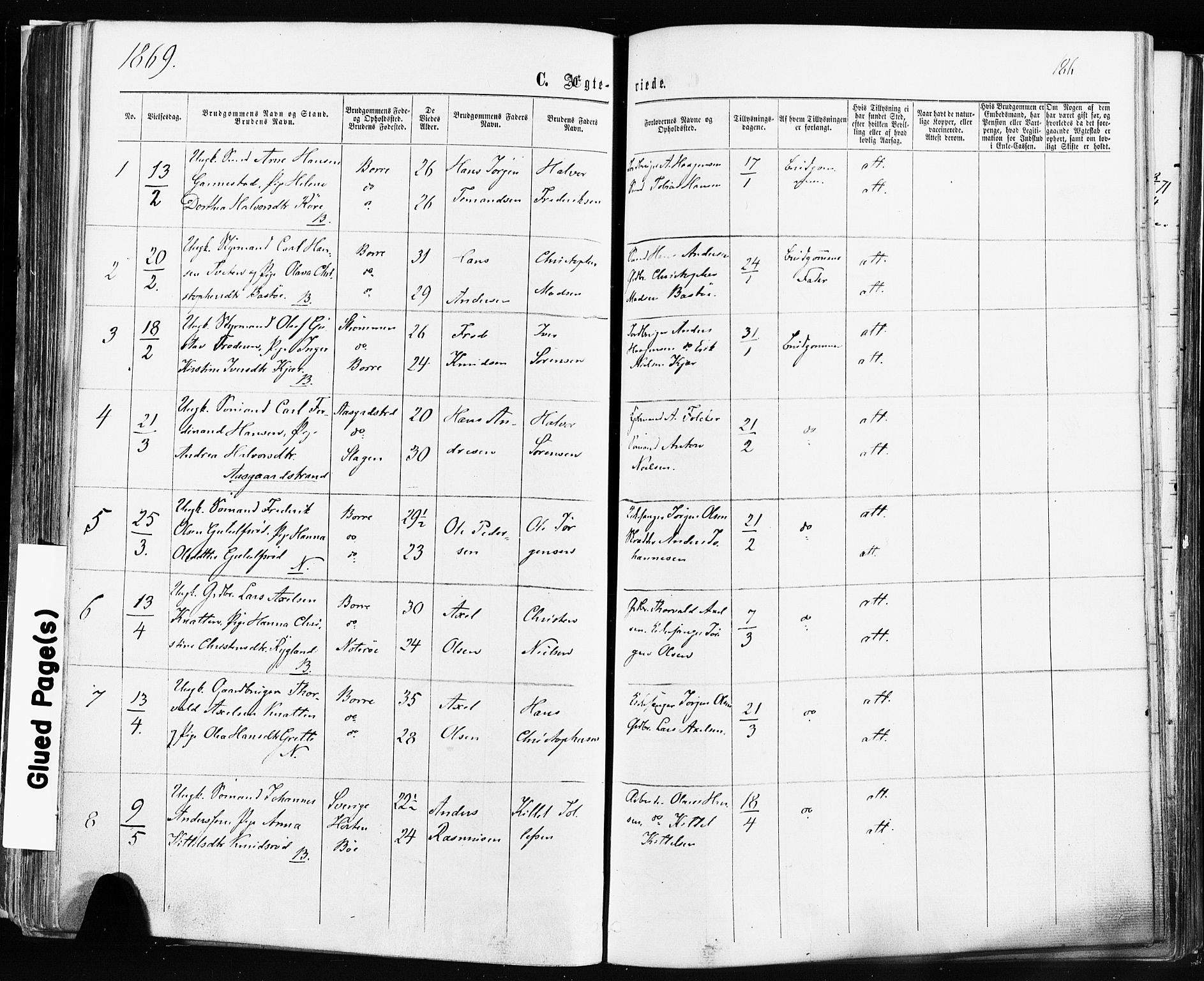 Borre kirkebøker, SAKO/A-338/F/Fa/L0008: Parish register (official) no. I 8, 1868-1877, p. 186