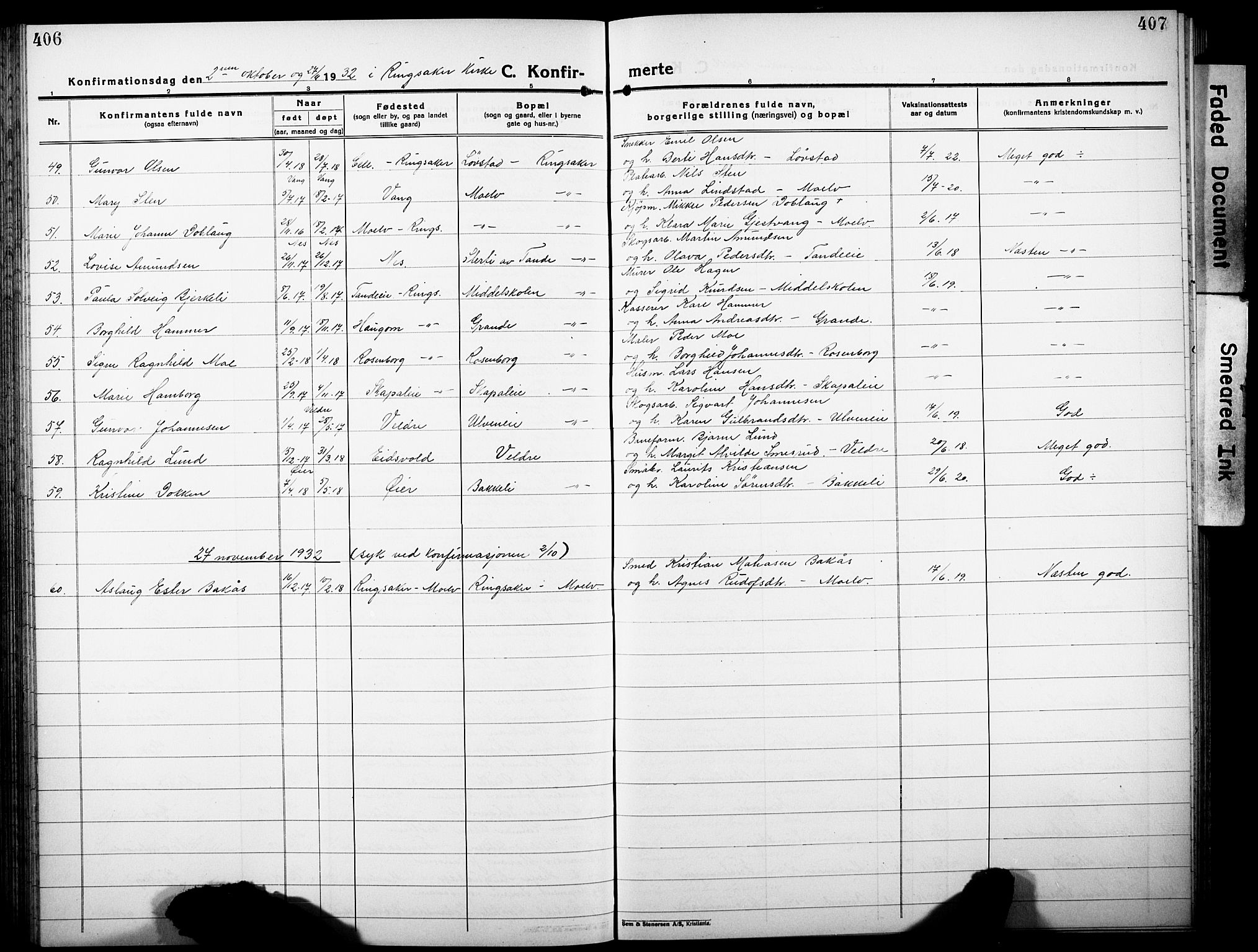 Ringsaker prestekontor, AV/SAH-PREST-014/L/La/L0019: Parish register (copy) no. 19, 1923-1933, p. 406-407