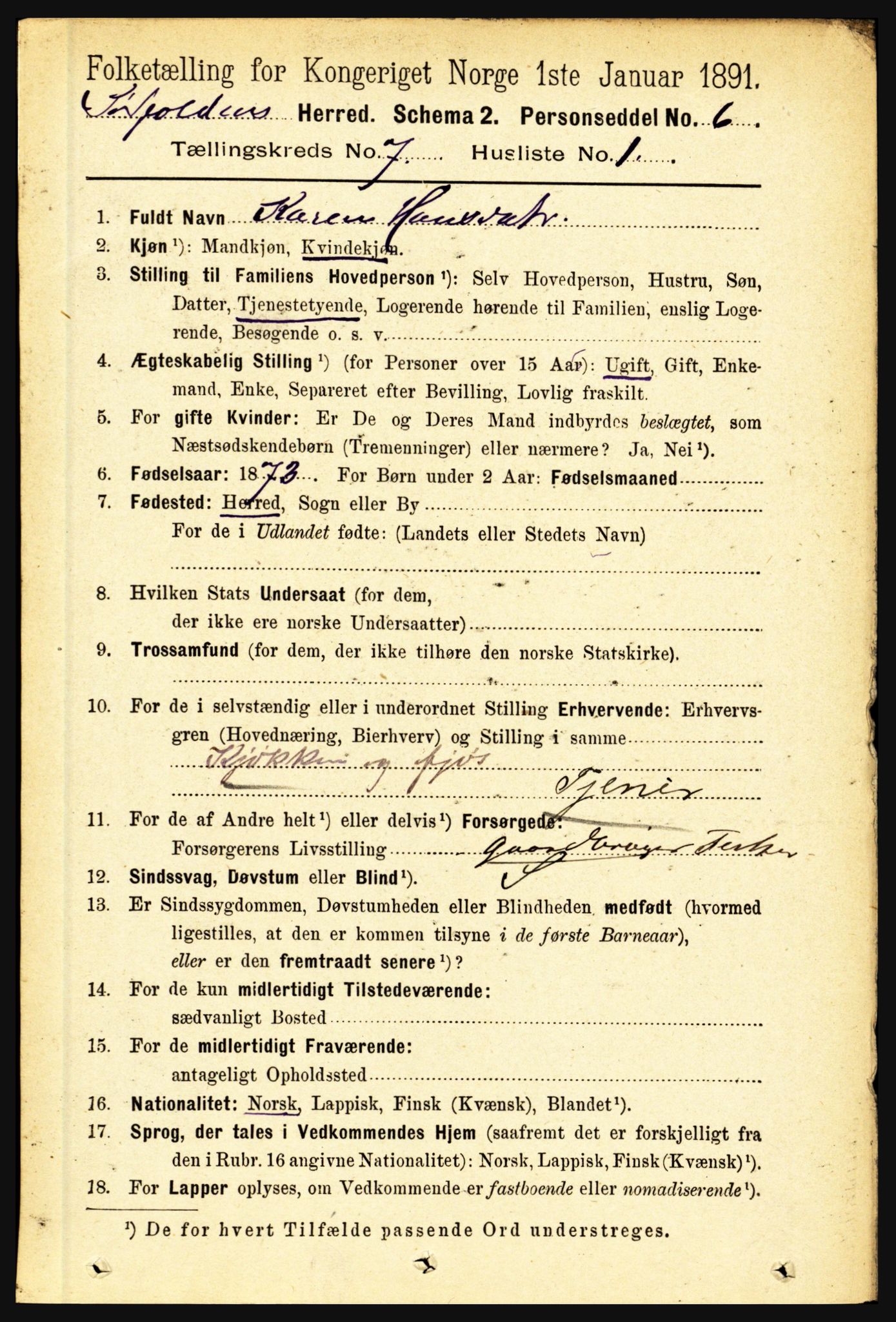 RA, 1891 census for 1845 Sørfold, 1891, p. 2203