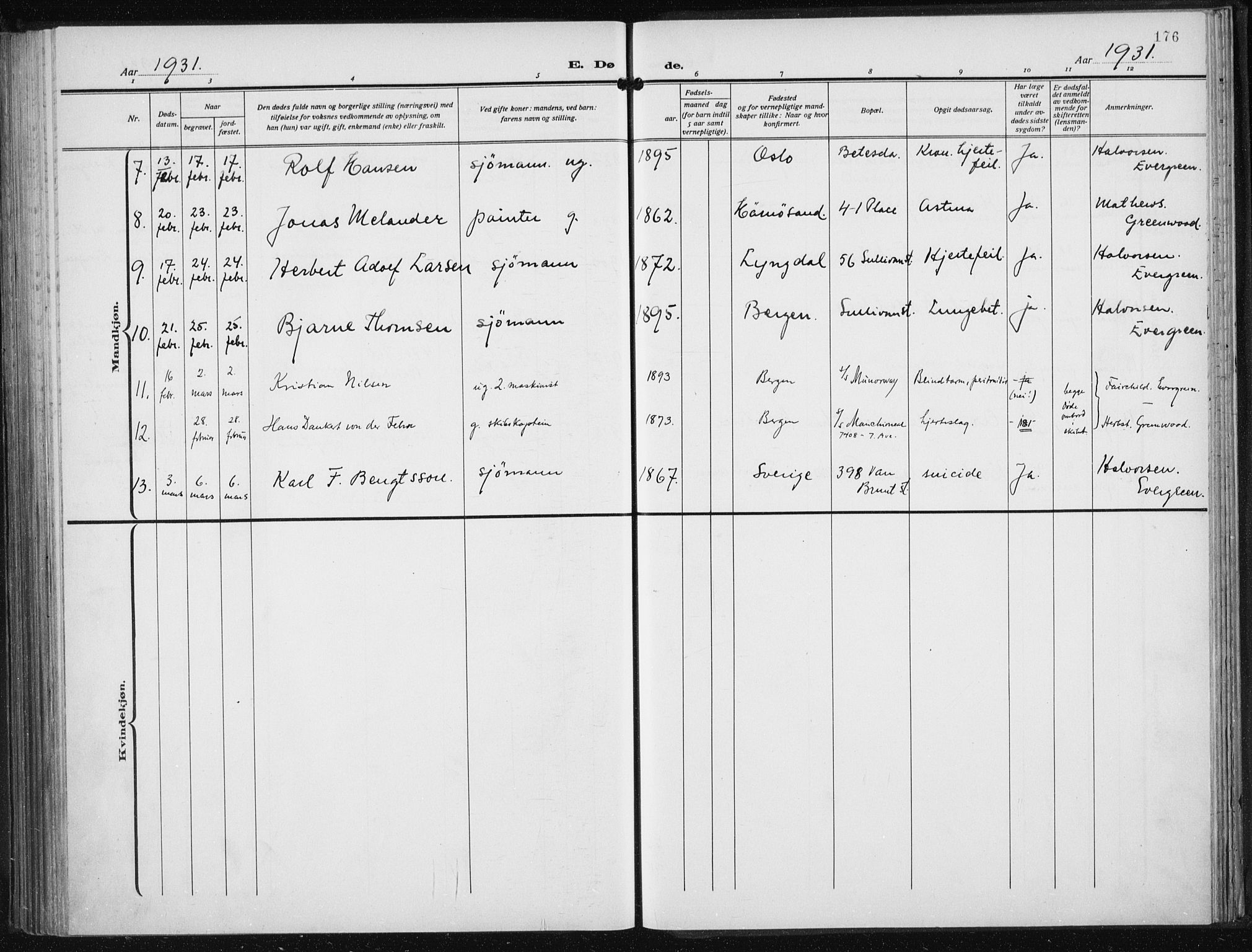 Den norske sjømannsmisjon i utlandet/New York, AV/SAB-SAB/PA-0110/H/Ha/L0008: Parish register (official) no. A 8, 1923-1935, p. 176