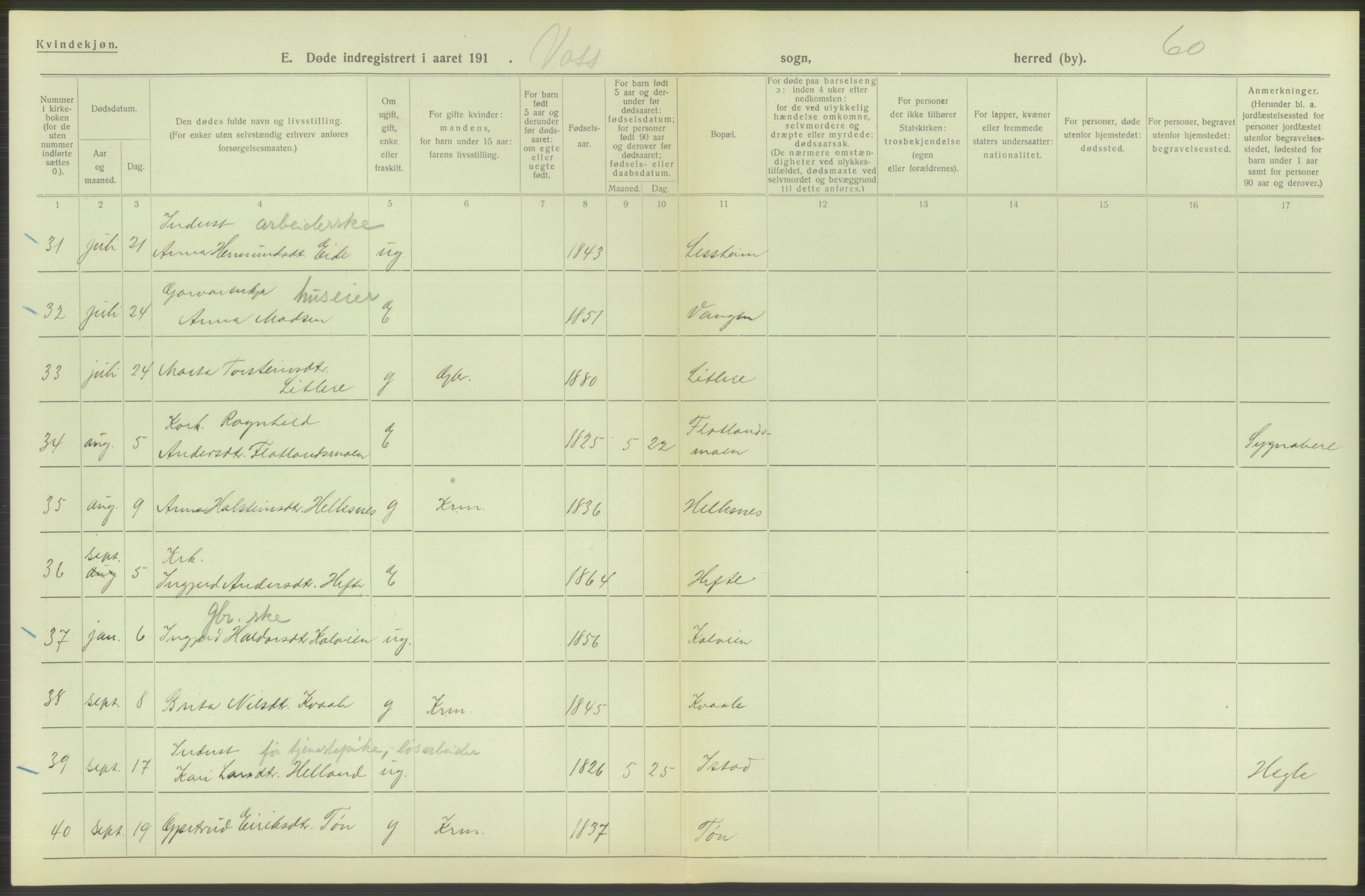 Statistisk sentralbyrå, Sosiodemografiske emner, Befolkning, RA/S-2228/D/Df/Dfb/Dfbg/L0036: S. Bergenhus amt: Døde, dødfødte. Bygder., 1917, p. 434