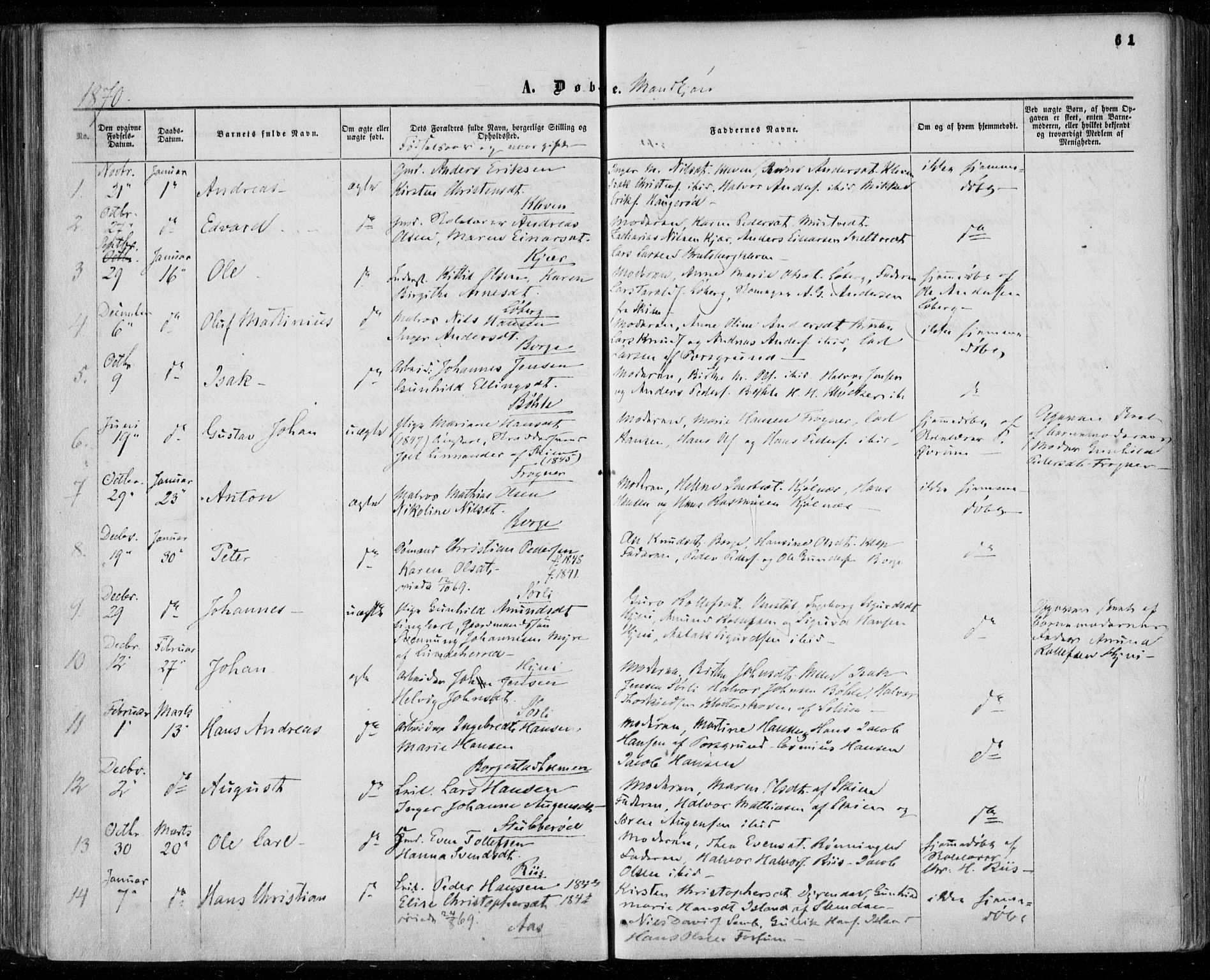 Gjerpen kirkebøker, SAKO/A-265/F/Fa/L0008a: Parish register (official) no. I 8A, 1857-1871, p. 61