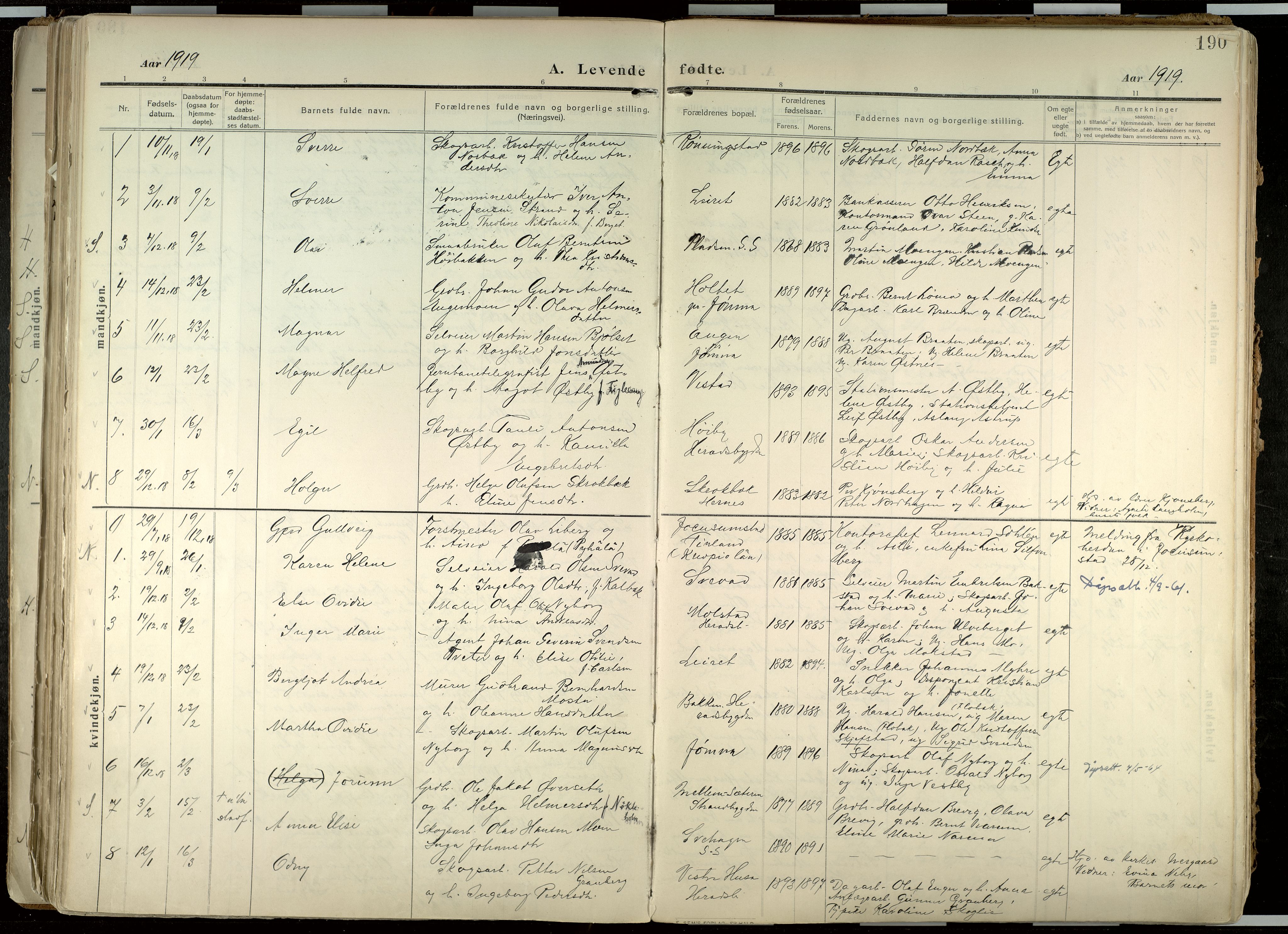 Elverum prestekontor, AV/SAH-PREST-044/H/Ha/Haa/L0020: Parish register (official) no. 20, 1909-1921, p. 190