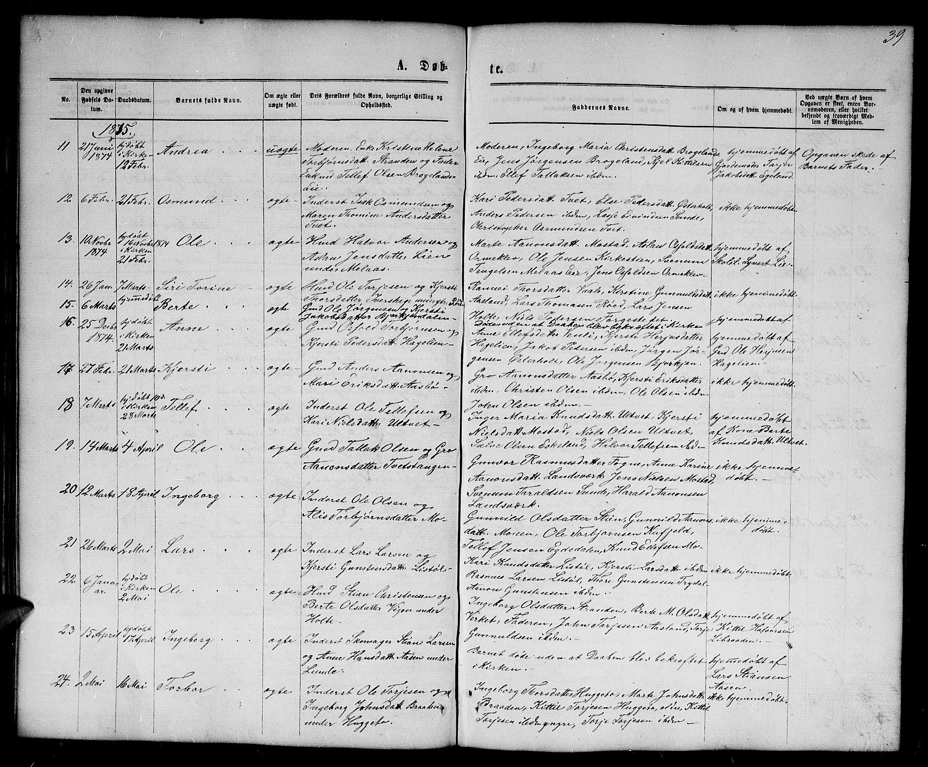 Gjerstad sokneprestkontor, AV/SAK-1111-0014/F/Fb/Fba/L0006: Parish register (copy) no. B 6, 1868-1890, p. 39