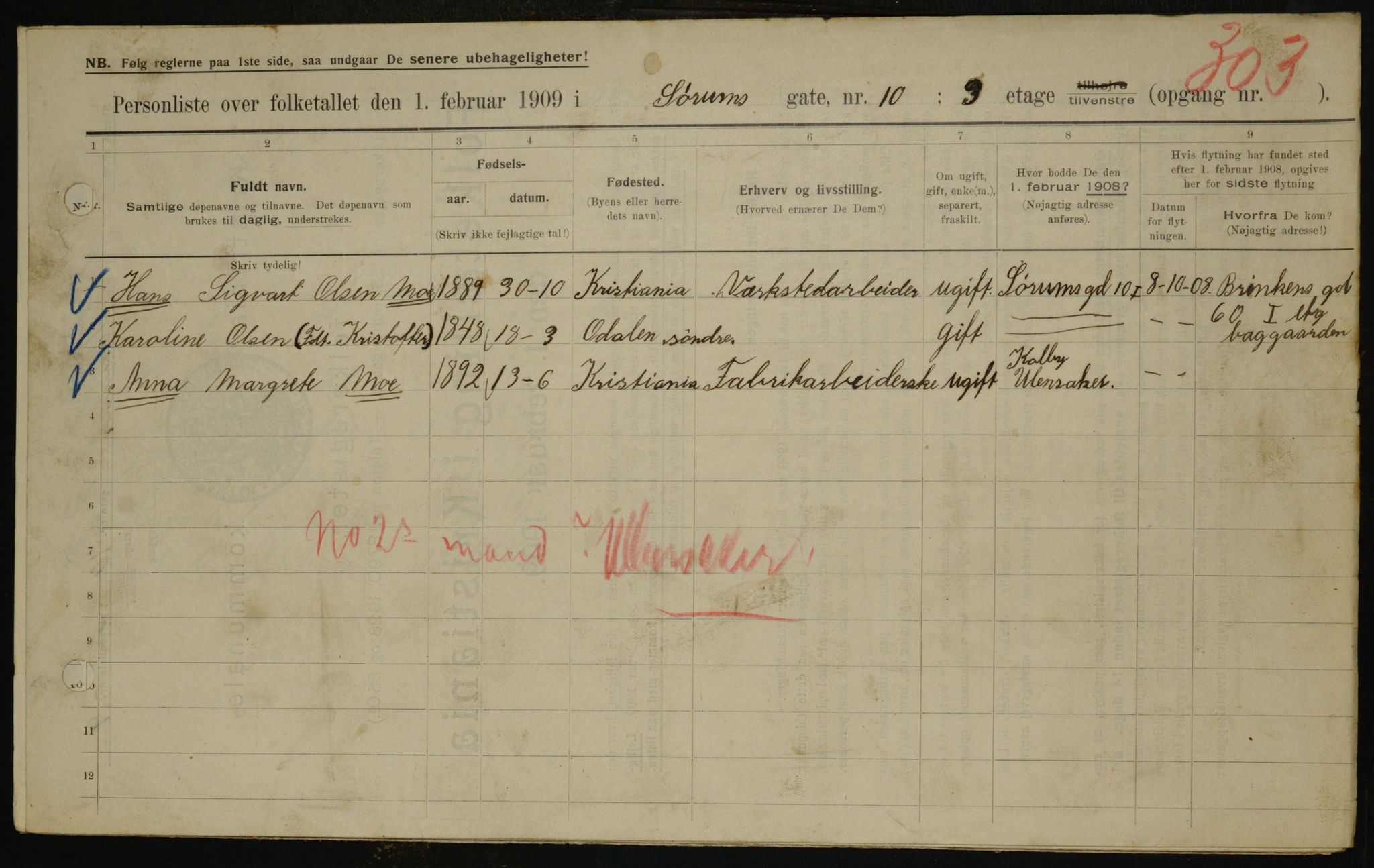 OBA, Municipal Census 1909 for Kristiania, 1909, p. 96943