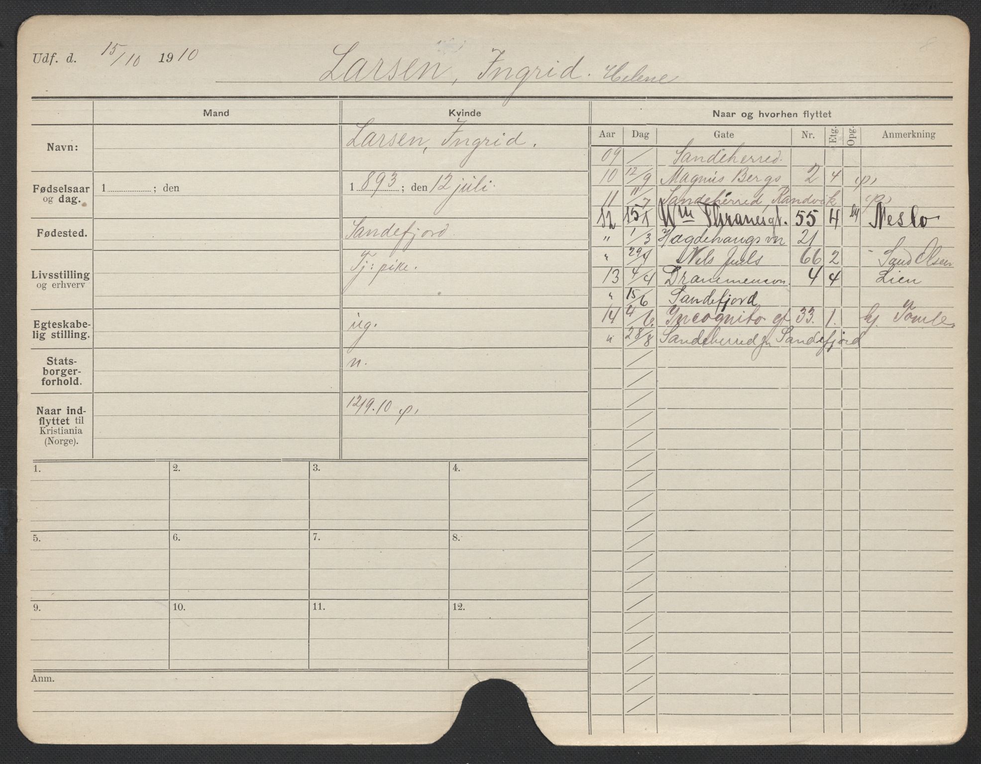 Oslo folkeregister, Registerkort, AV/SAO-A-11715/F/Fa/Fac/L0019: Kvinner, 1906-1914, p. 949a