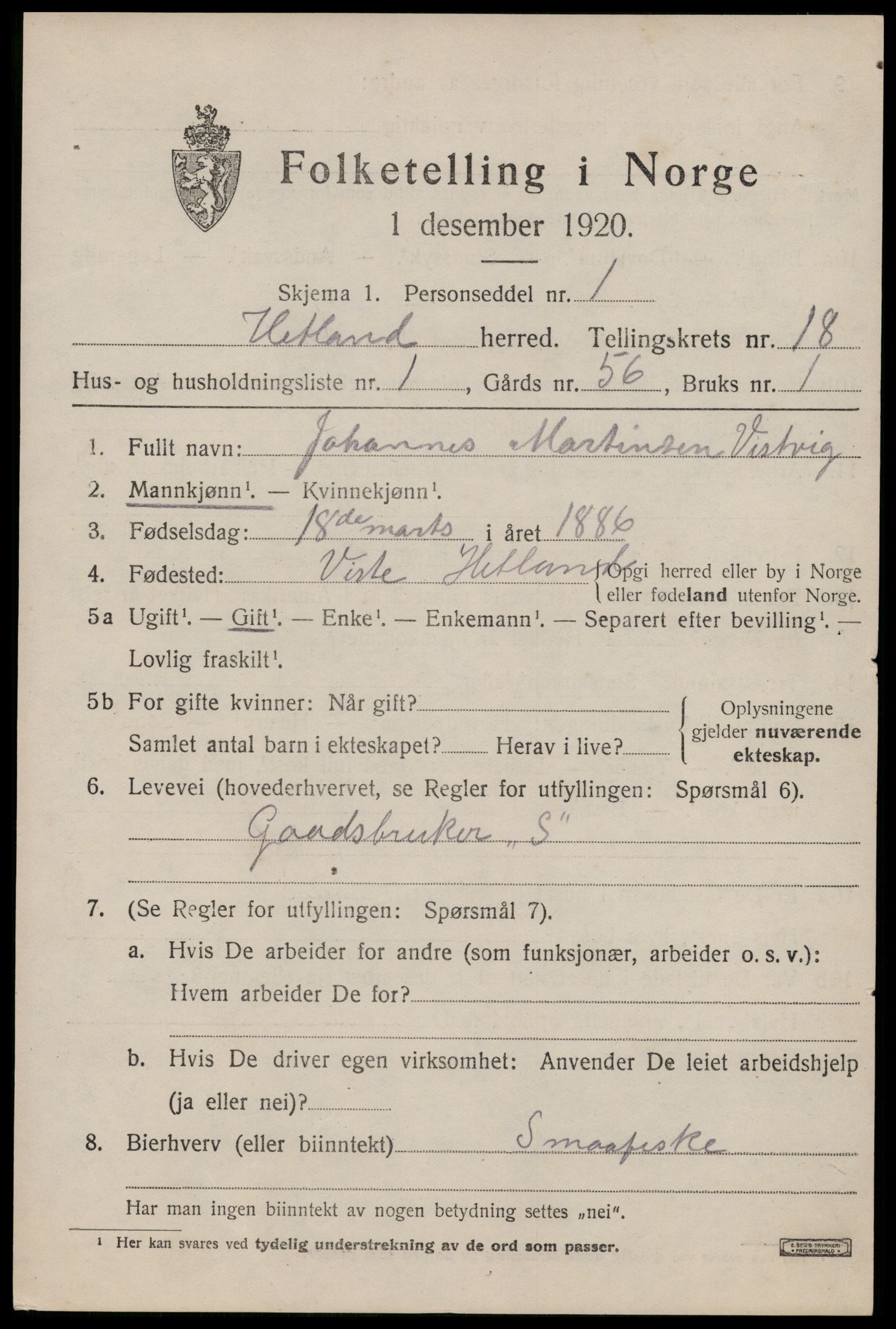 SAST, 1920 census for Hetland, 1920, p. 25105