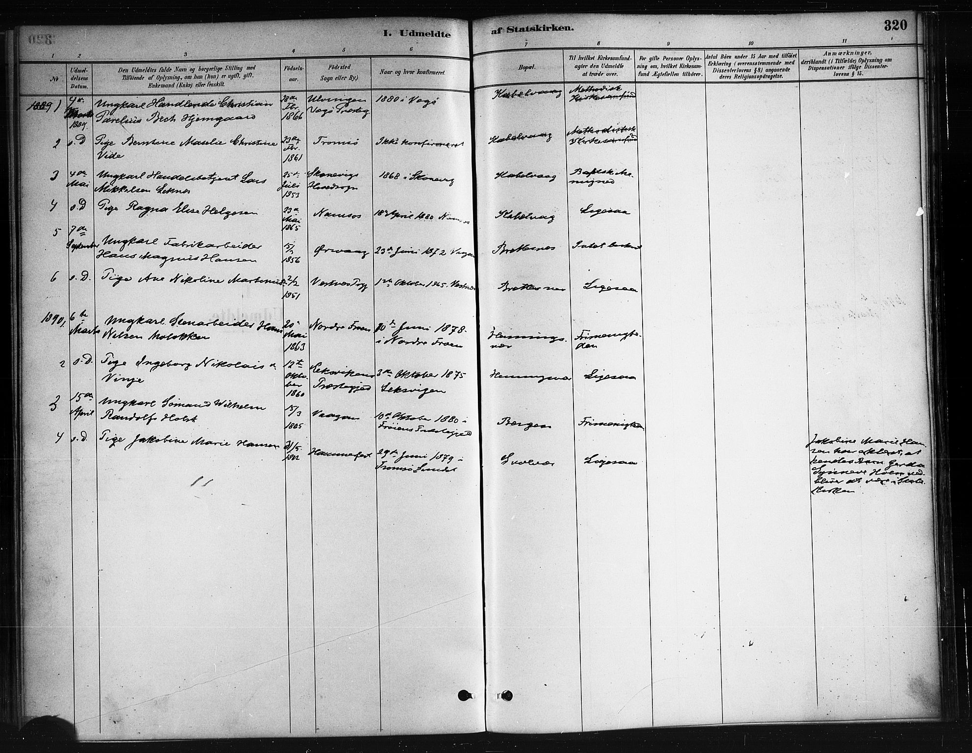 Ministerialprotokoller, klokkerbøker og fødselsregistre - Nordland, AV/SAT-A-1459/874/L1059: Parish register (official) no. 874A03, 1884-1890, p. 320