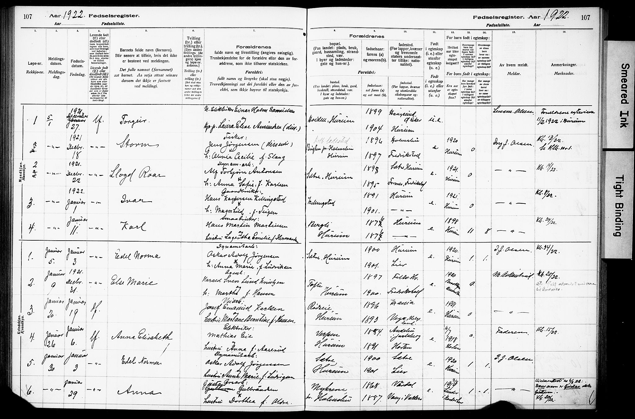 Hurum kirkebøker, AV/SAKO-A-229/J/Ja/L0001: Birth register no. 1, 1916-1928, p. 107