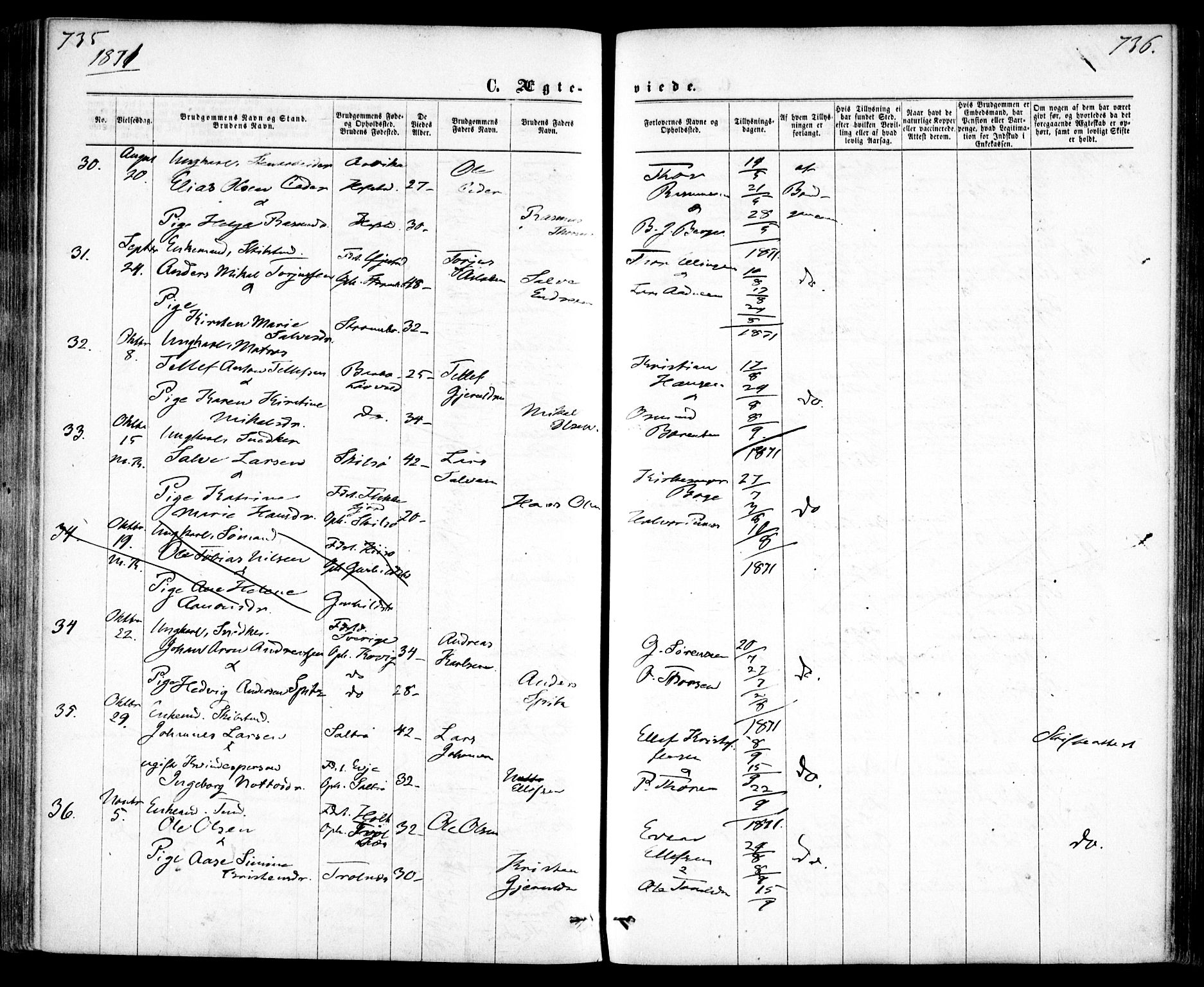 Tromøy sokneprestkontor, AV/SAK-1111-0041/F/Fa/L0008: Parish register (official) no. A 8, 1870-1877, p. 735-736