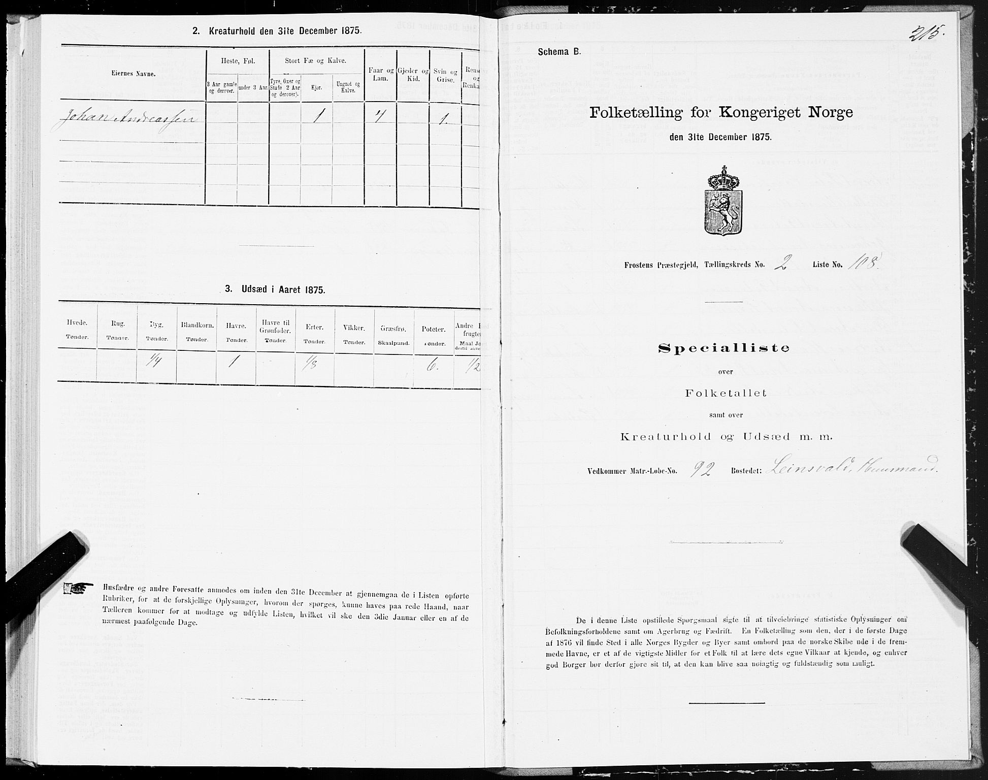 SAT, 1875 census for 1717P Frosta, 1875, p. 2215