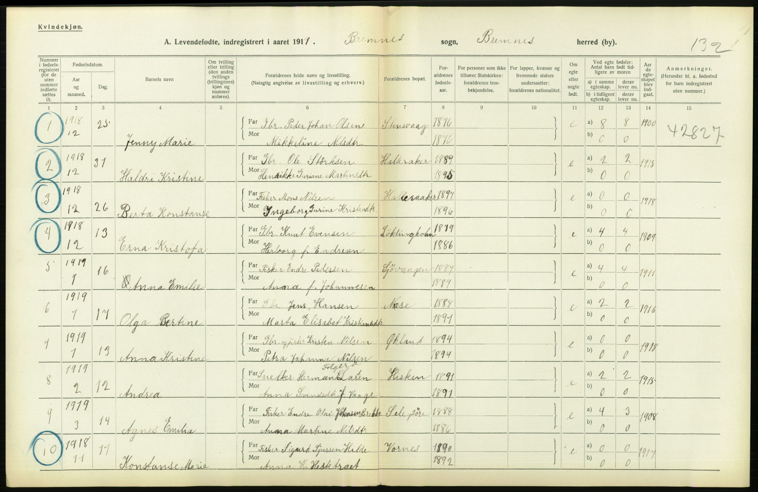 Statistisk sentralbyrå, Sosiodemografiske emner, Befolkning, AV/RA-S-2228/D/Df/Dfb/Dfbi/L0031: Hordaland fylke: Levendefødte menn og kvinner. Bygder., 1919, p. 644