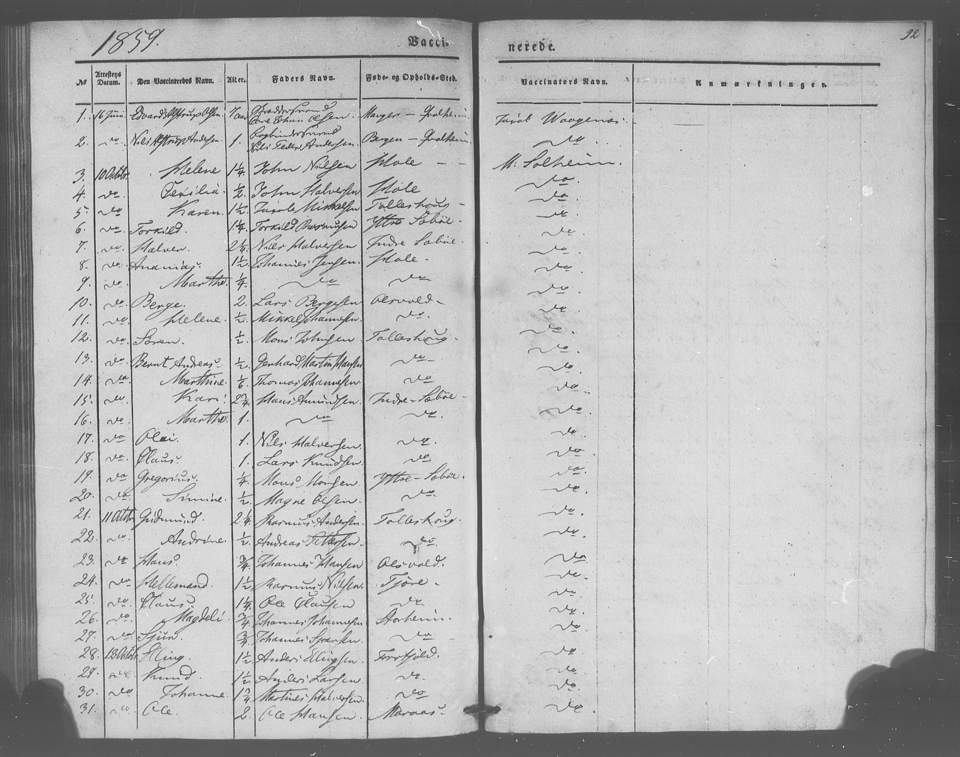 Manger sokneprestembete, AV/SAB-A-76801/H/Haa: Parish register (official) no. A 10, 1844-1859, p. 92