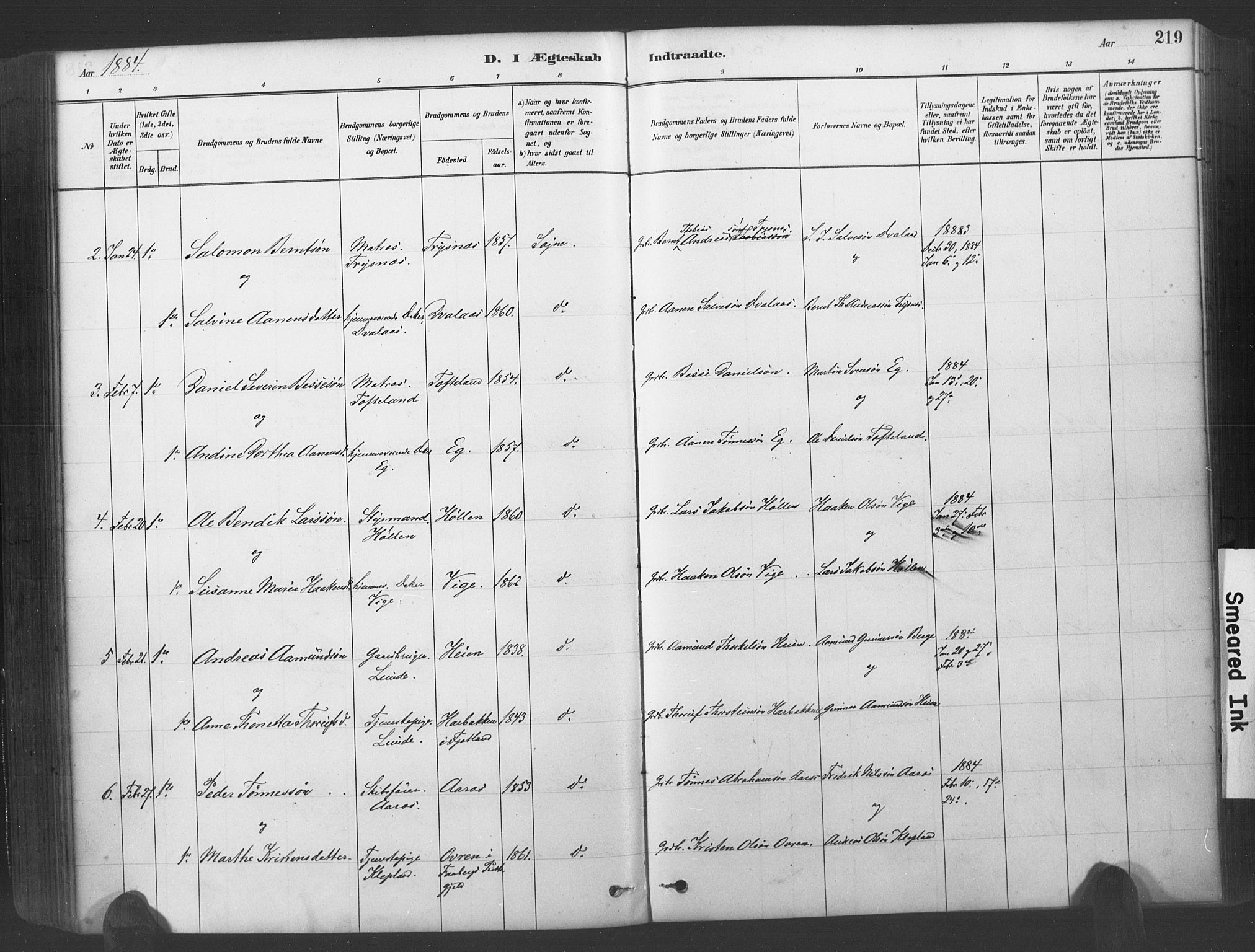 Søgne sokneprestkontor, SAK/1111-0037/F/Fa/Fab/L0012: Parish register (official) no. A 12, 1880-1891, p. 219