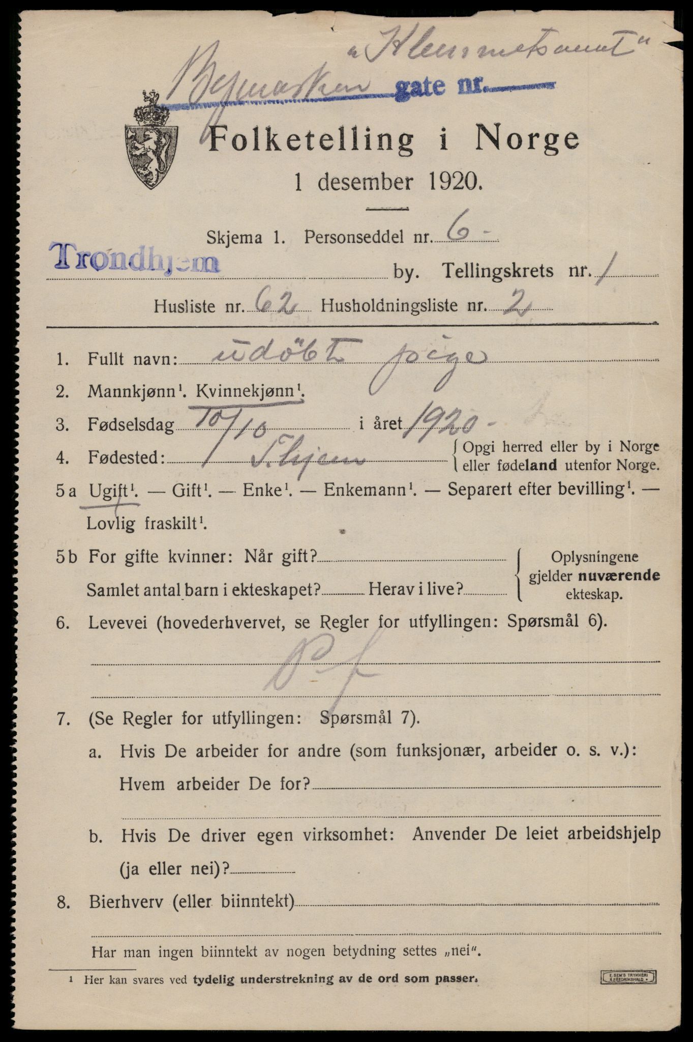 SAT, 1920 census for Trondheim, 1920, p. 33940