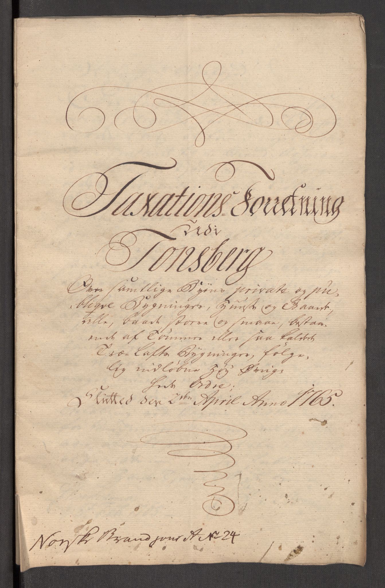 Kommersekollegiet, Brannforsikringskontoret 1767-1814, RA/EA-5458/F/Fa/L0056/0001: Tønsberg / Branntakstprotokoll, 1765, p. 2