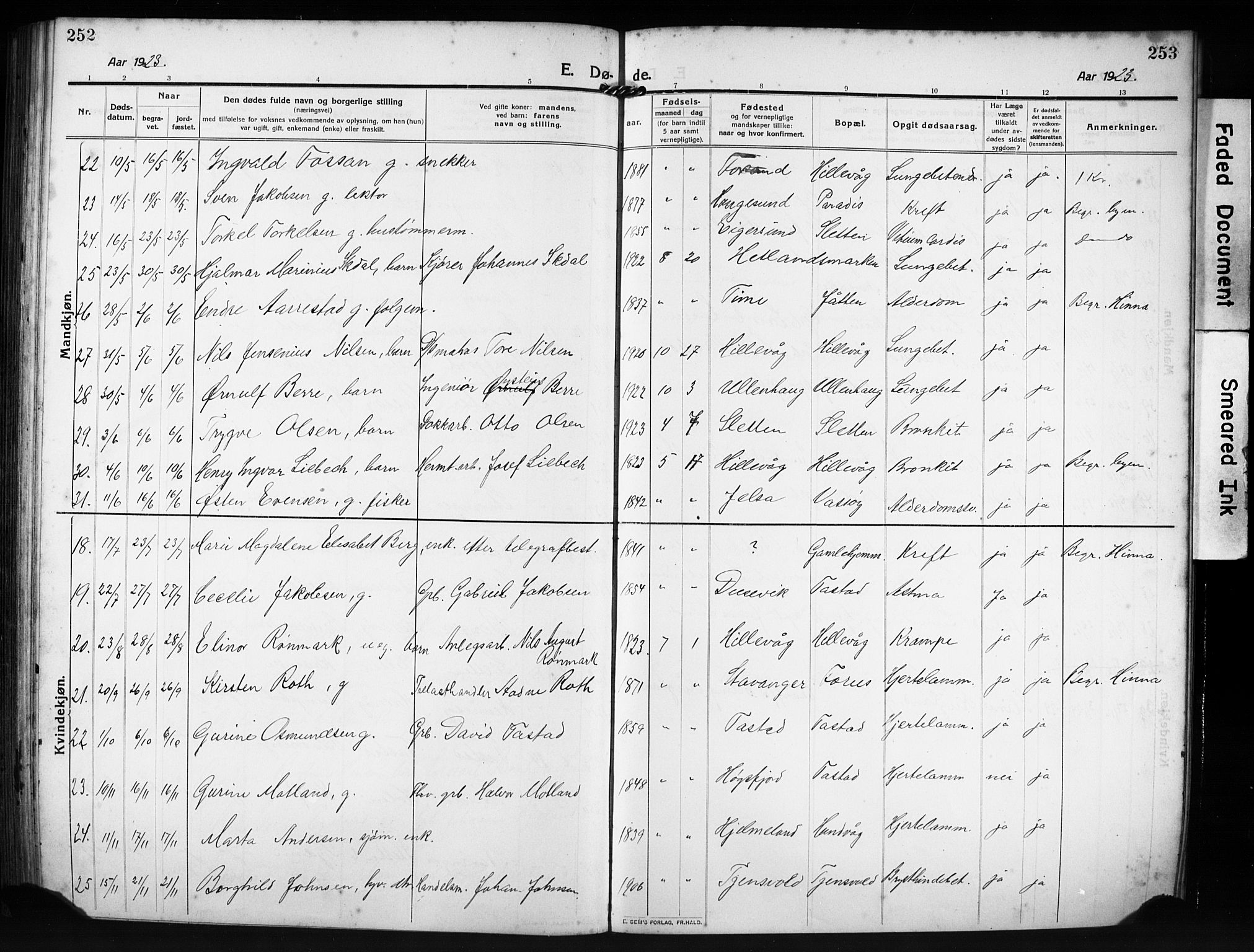 Hetland sokneprestkontor, AV/SAST-A-101826/30/30BB/L0009: Parish register (copy) no. B 9, 1910-1931, p. 252-253