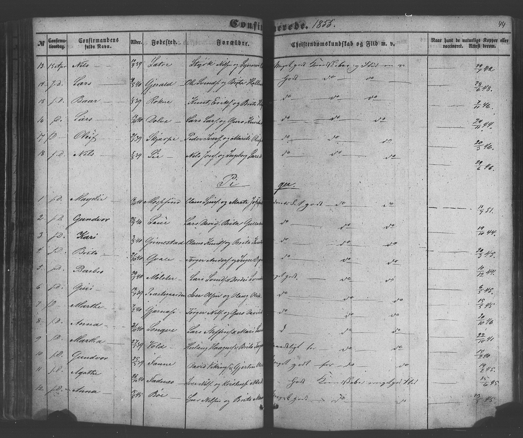 Voss sokneprestembete, SAB/A-79001/H/Haa: Parish register (official) no. A 18, 1848-1876, p. 44