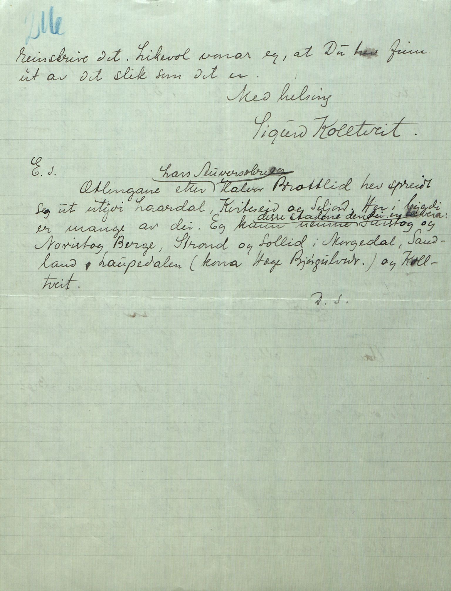 Rikard Berge, TEMU/TGM-A-1003/F/L0008/0012: 300-340 / 311 Brev, også viser og noen regler og rim. Skikker fra Valdres, 1913, p. 216