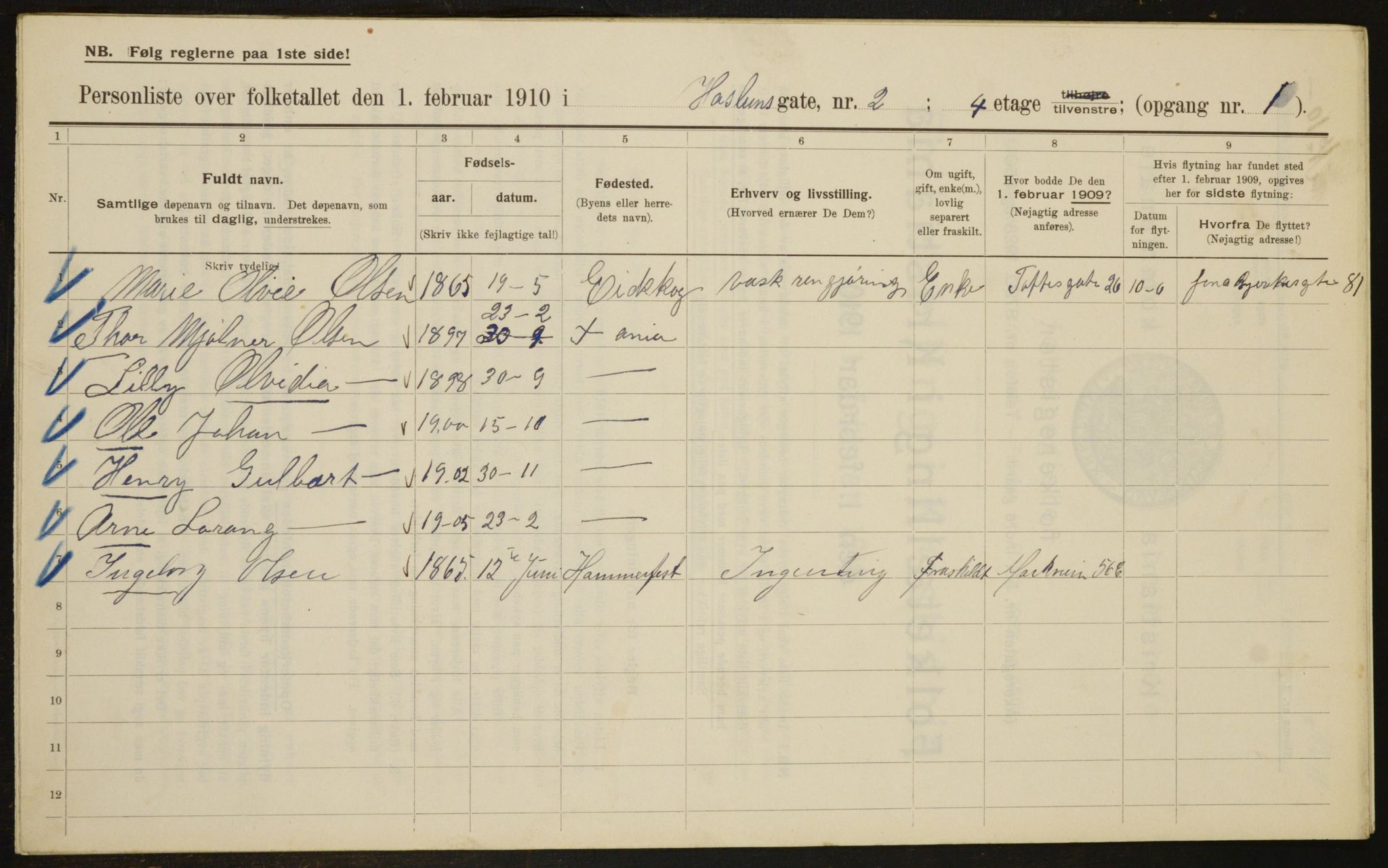 OBA, Municipal Census 1910 for Kristiania, 1910, p. 33105