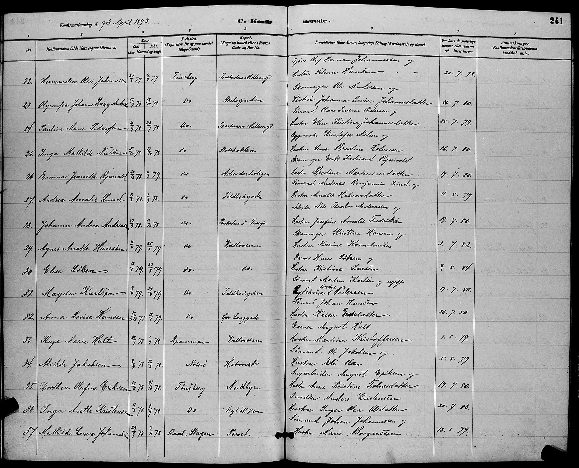 Tønsberg kirkebøker, AV/SAKO-A-330/G/Ga/L0006: Parish register (copy) no. 6, 1885-1895, p. 241