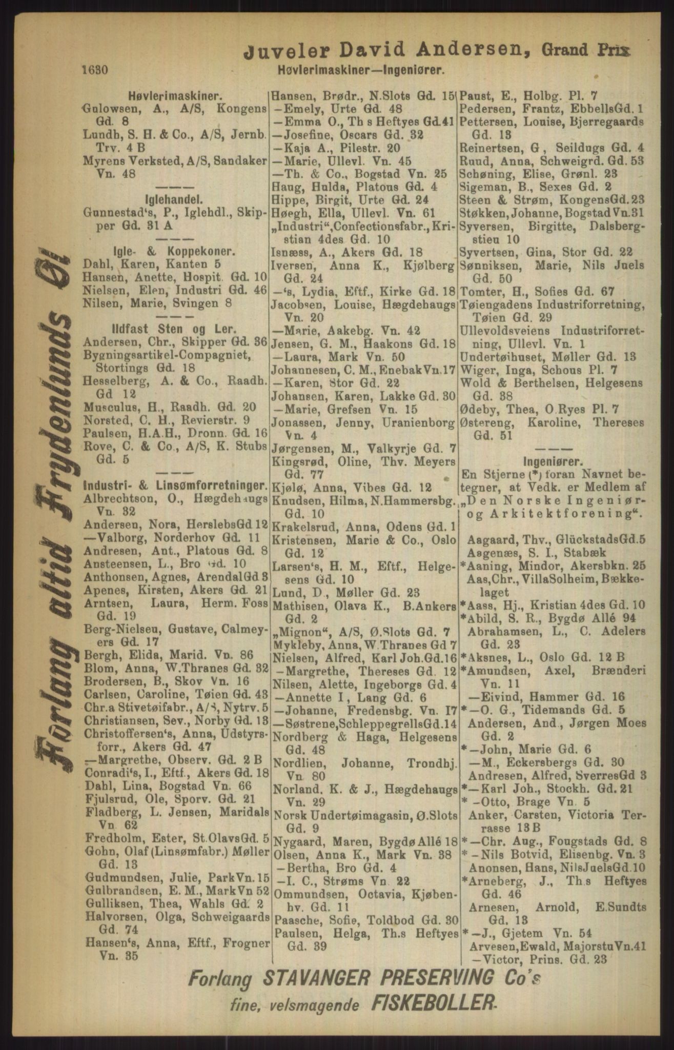 Kristiania/Oslo adressebok, PUBL/-, 1911, p. 1630