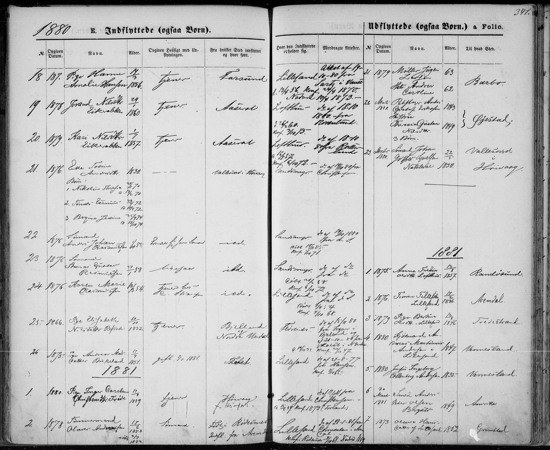 Vestre Moland sokneprestkontor, SAK/1111-0046/F/Fa/Fab/L0008: Parish register (official) no. A 8, 1873-1883, p. 347
