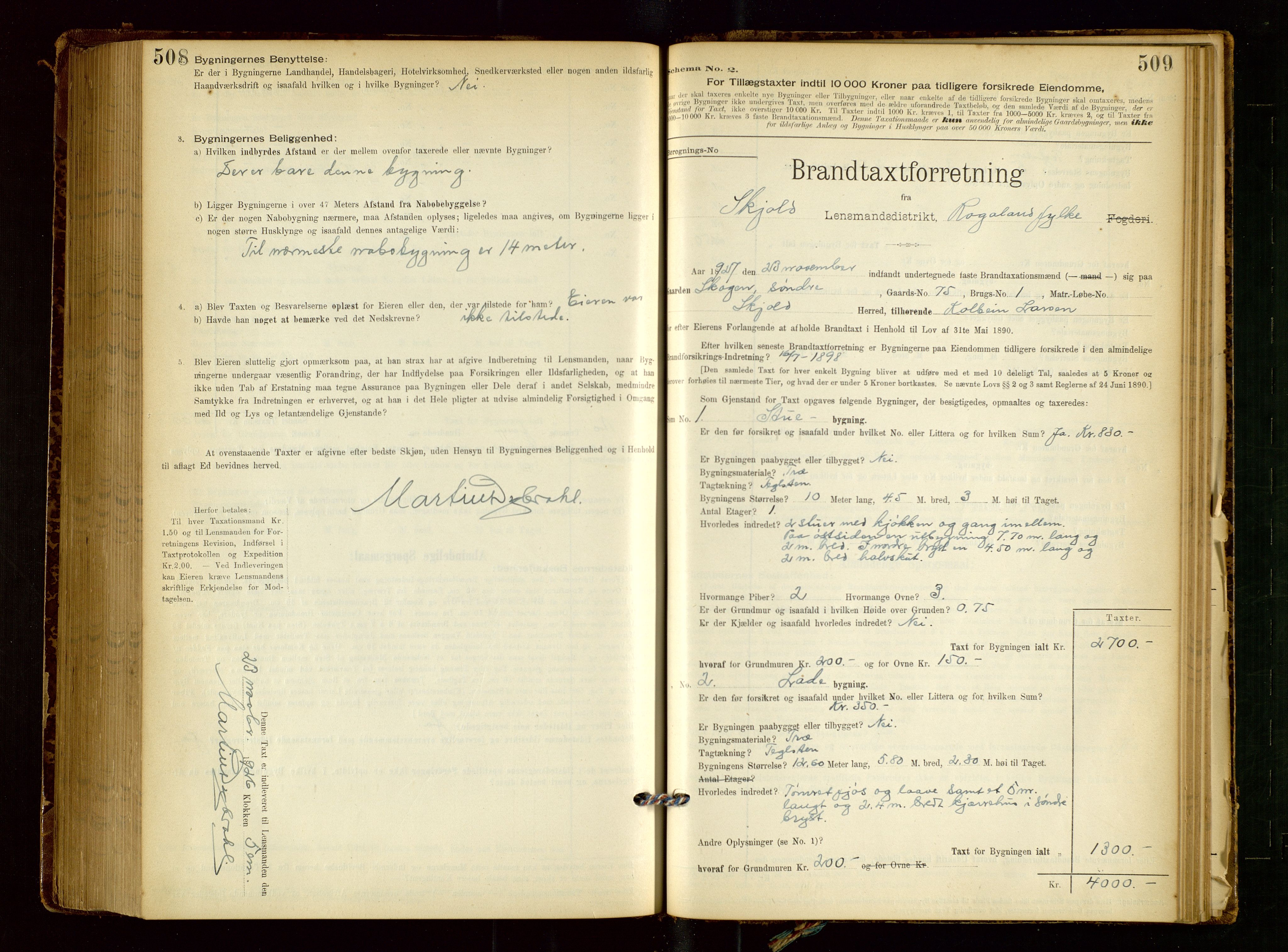 Skjold lensmannskontor, AV/SAST-A-100182/Gob/L0001: "Brandtaxationsprotokol for Skjold Lensmandsdistrikt Ryfylke Fogderi", 1894-1939, p. 508-509