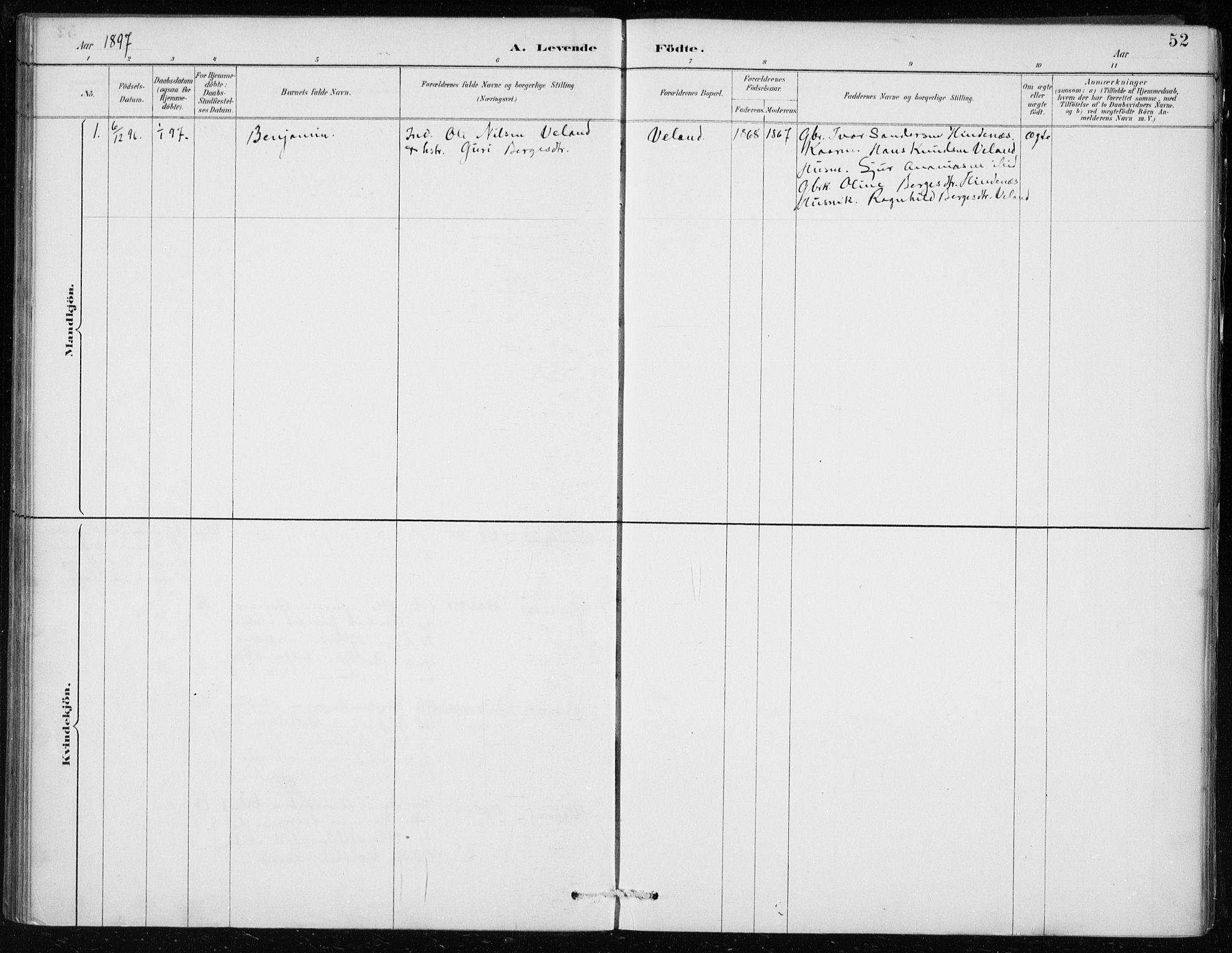 Lindås Sokneprestembete, AV/SAB-A-76701/H/Haa/Haaf/L0001: Parish register (official) no. F  1, 1886-1897, p. 52