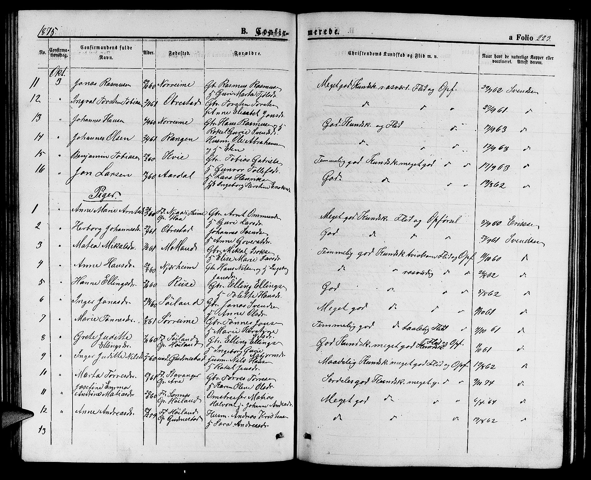 Hå sokneprestkontor, SAST/A-101801/001/30BB/L0001: Parish register (copy) no. B 1, 1854-1883, p. 223