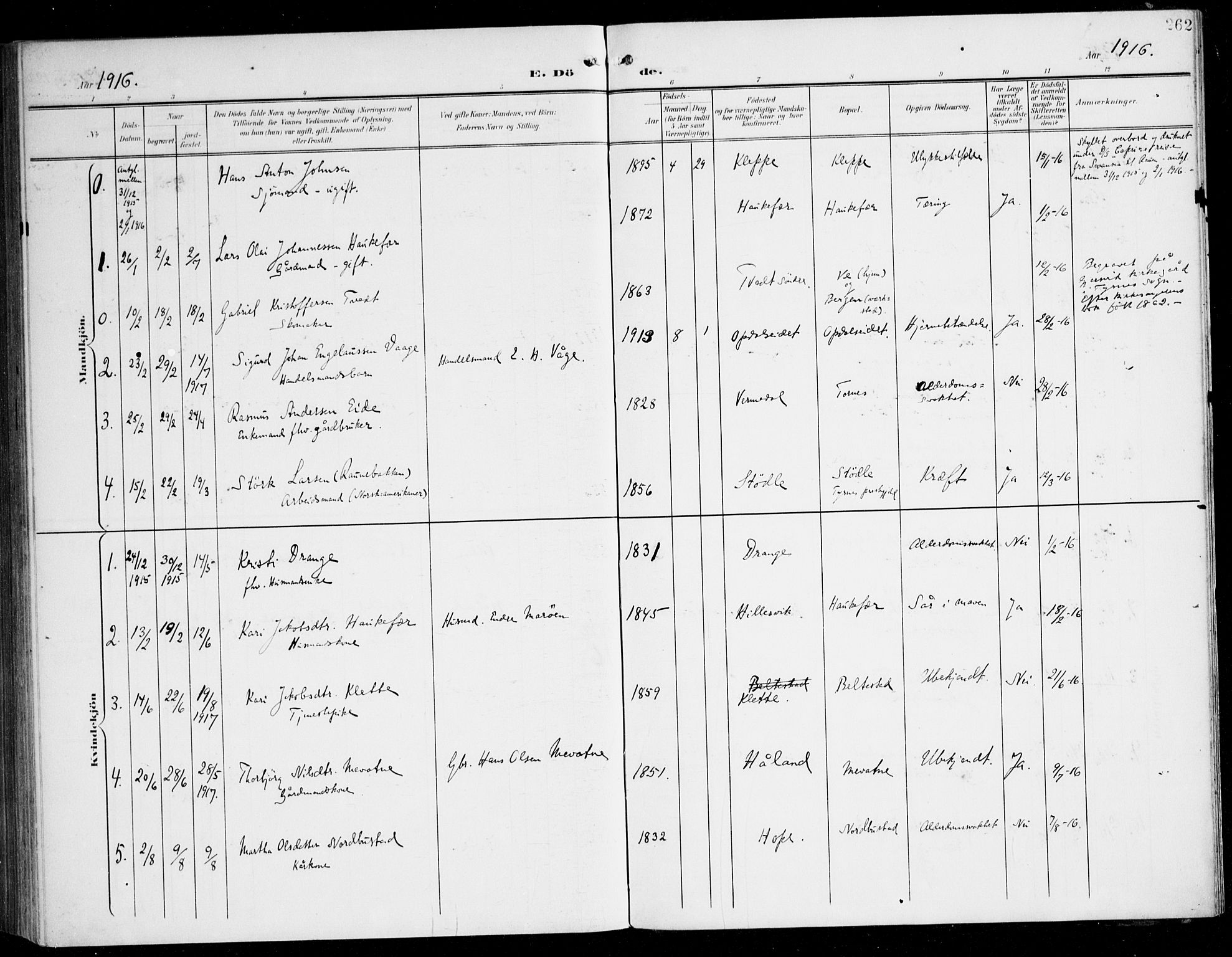 Tysnes sokneprestembete, AV/SAB-A-78601/H/Haa: Parish register (official) no. D 2, 1905-1922, p. 262