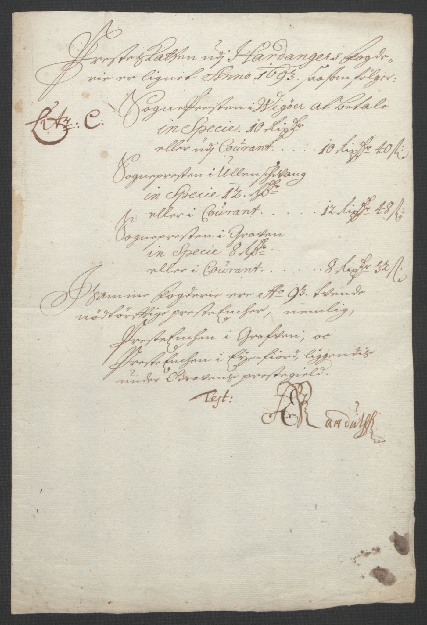 Rentekammeret inntil 1814, Reviderte regnskaper, Fogderegnskap, RA/EA-4092/R48/L2974: Fogderegnskap Sunnhordland og Hardanger, 1693, p. 260