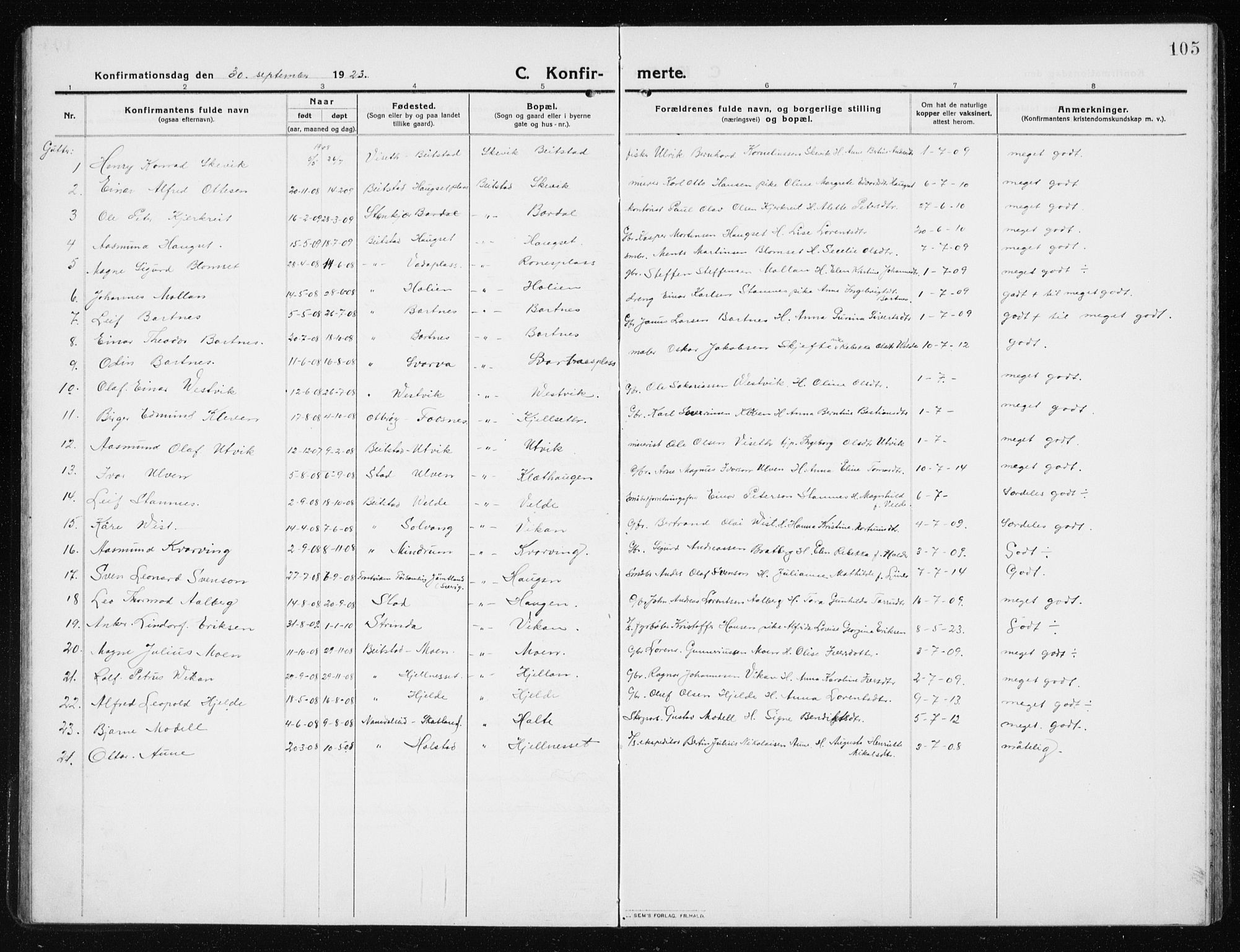 Ministerialprotokoller, klokkerbøker og fødselsregistre - Nord-Trøndelag, SAT/A-1458/741/L0402: Parish register (copy) no. 741C03, 1911-1926, p. 105