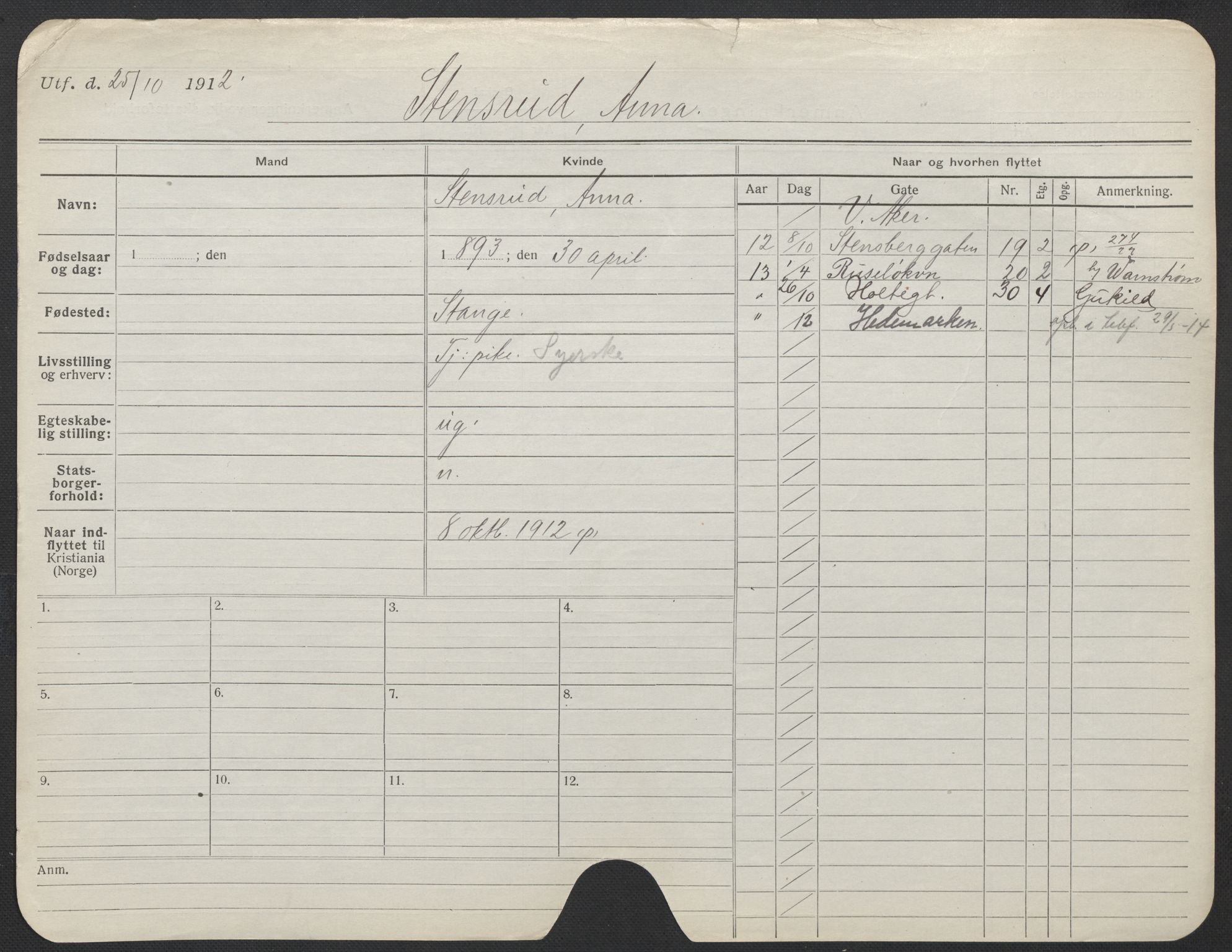 Oslo folkeregister, Registerkort, AV/SAO-A-11715/F/Fa/Fac/L0024: Kvinner, 1906-1914, p. 300a
