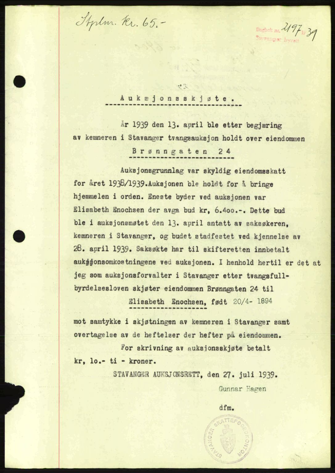 Stavanger byrett, SAST/A-100455/002/G/Gb/L0014: Mortgage book no. A4, 1938-1939, Diary no: : 2197/1939