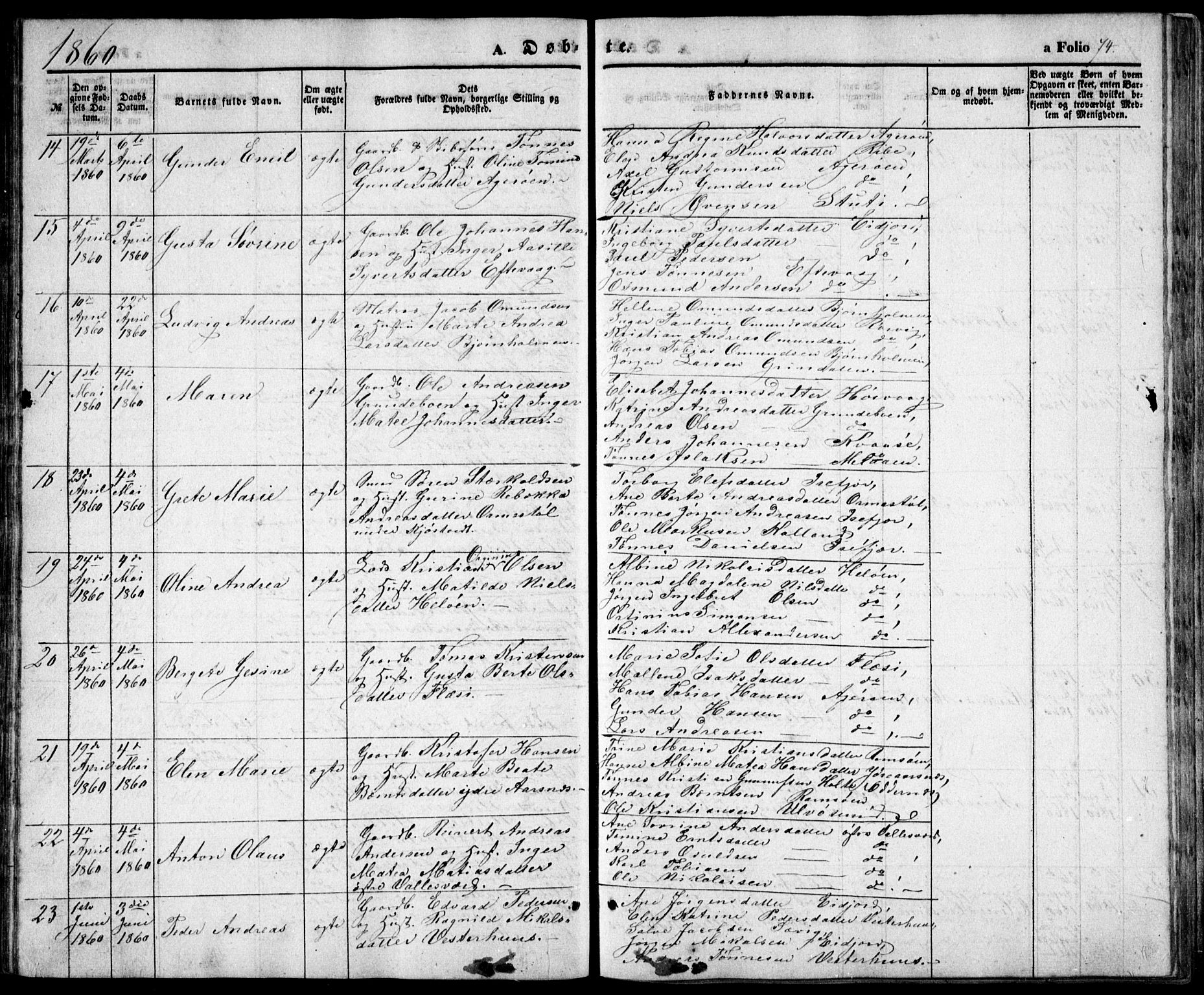 Høvåg sokneprestkontor, SAK/1111-0025/F/Fb/L0002: Parish register (copy) no. B 2, 1847-1869, p. 74