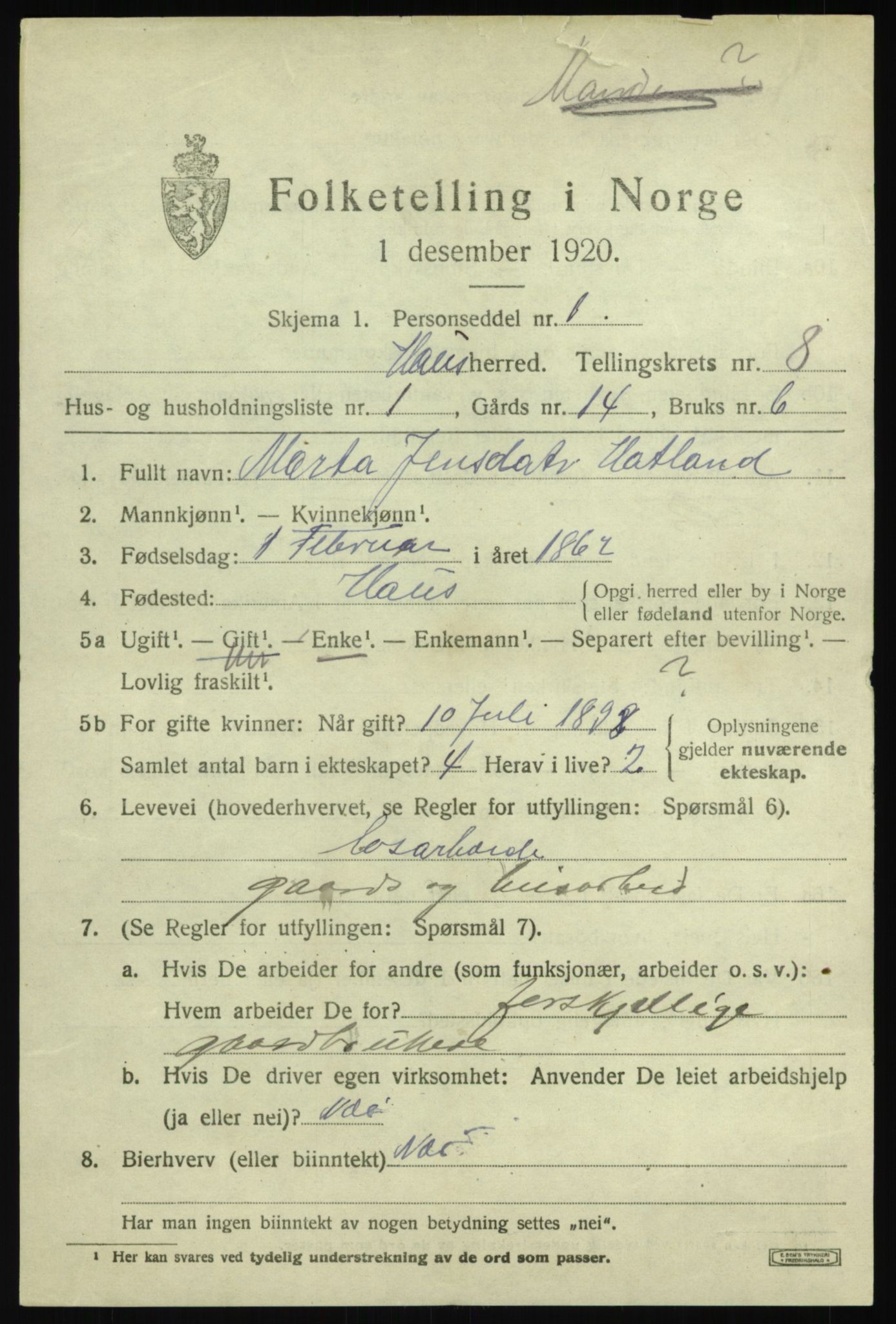 SAB, 1920 census for Haus, 1920, p. 4679