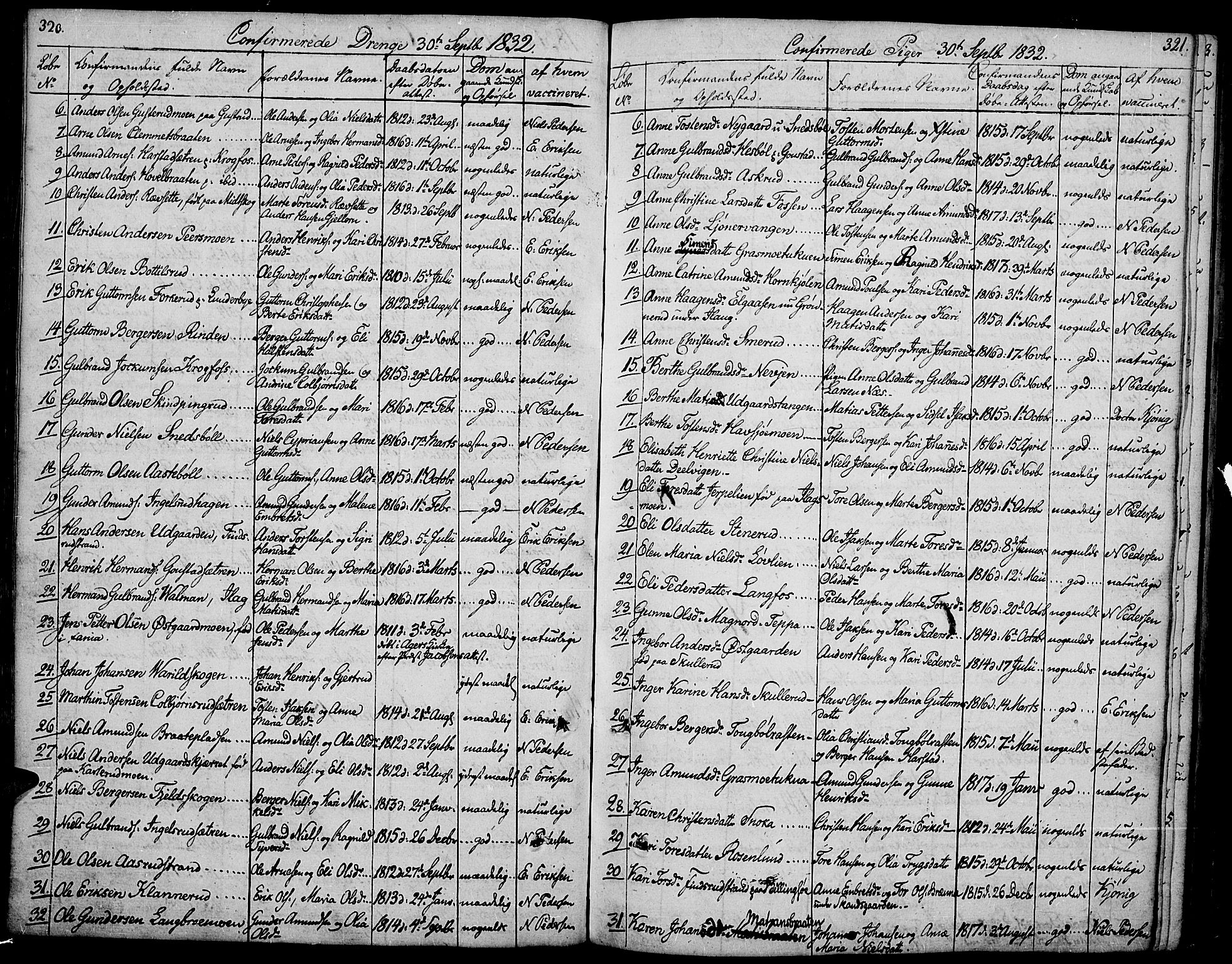 Vinger prestekontor, SAH/PREST-024/H/Ha/Hab/L0002: Parish register (copy) no. 2, 1818-1834, p. 320-321