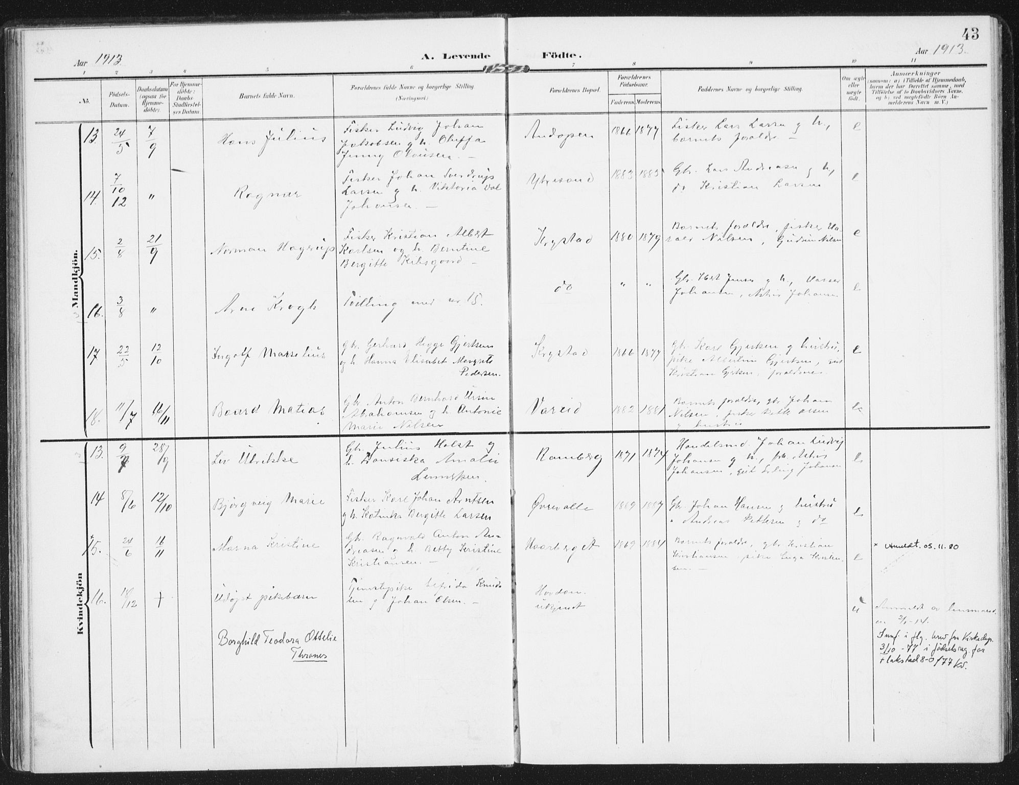 Ministerialprotokoller, klokkerbøker og fødselsregistre - Nordland, SAT/A-1459/885/L1206: Parish register (official) no. 885A07, 1905-1915, p. 43