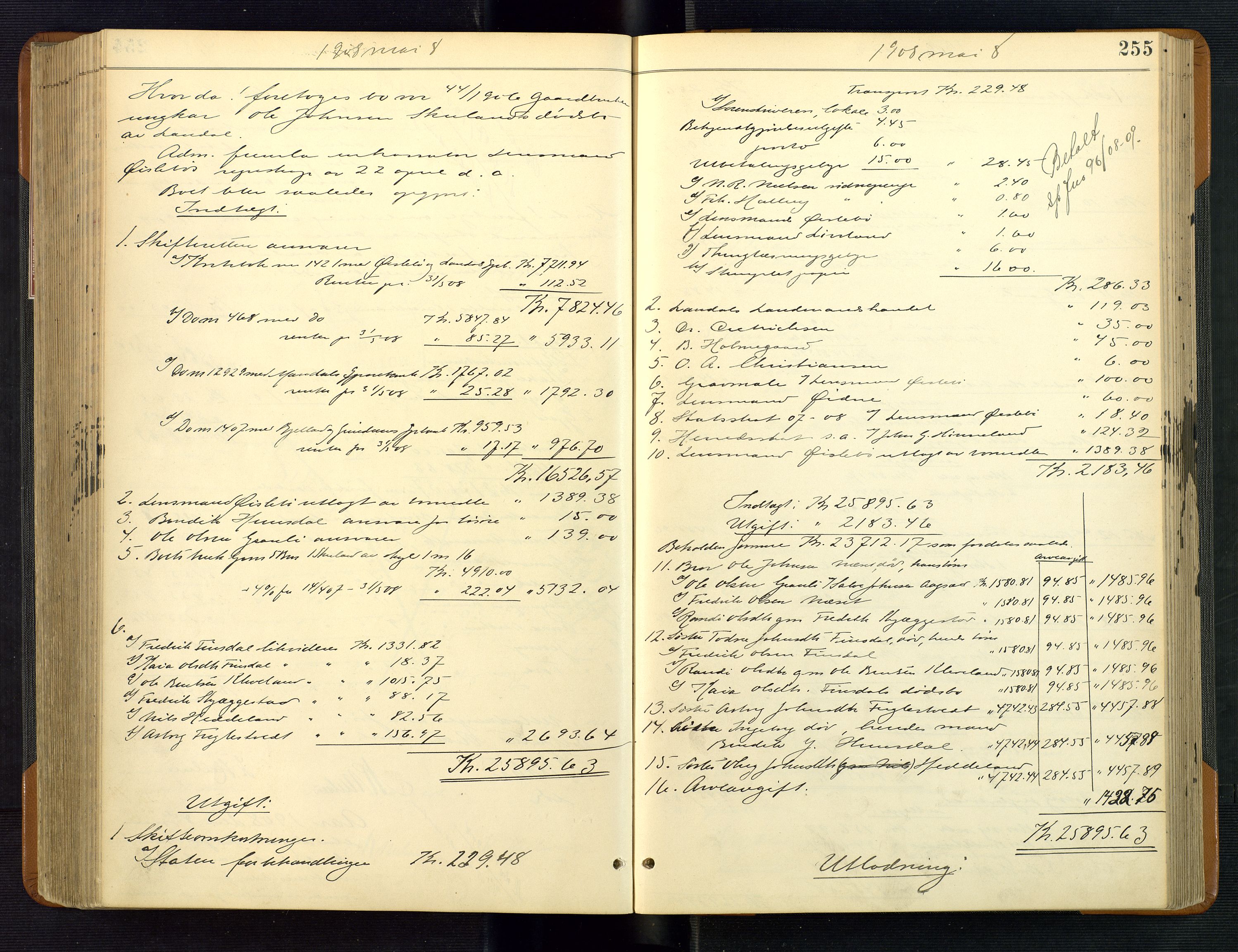 Mandal sorenskriveri, SAK/1221-0005/001/H/Hc/L0097: Skifteutlodningsprotokoll nr 6 med register, 1903-1910, p. 255