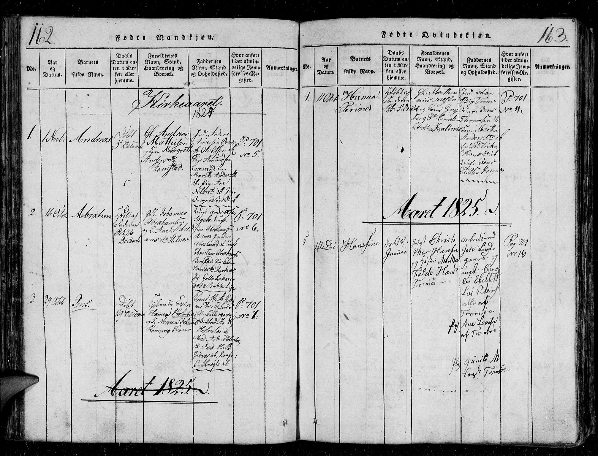 Tromsø sokneprestkontor/stiftsprosti/domprosti, AV/SATØ-S-1343/G/Gb/L0001klokker: Parish register (copy) no. 1, 1821-1833, p. 162-163