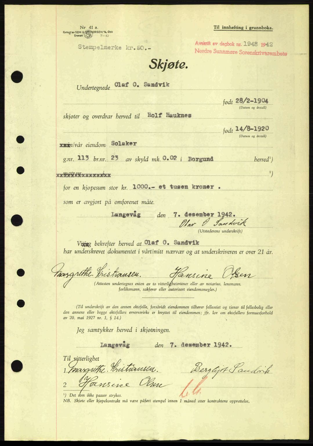 Nordre Sunnmøre sorenskriveri, AV/SAT-A-0006/1/2/2C/2Ca: Mortgage book no. A15, 1942-1943, Diary no: : 1948/1942