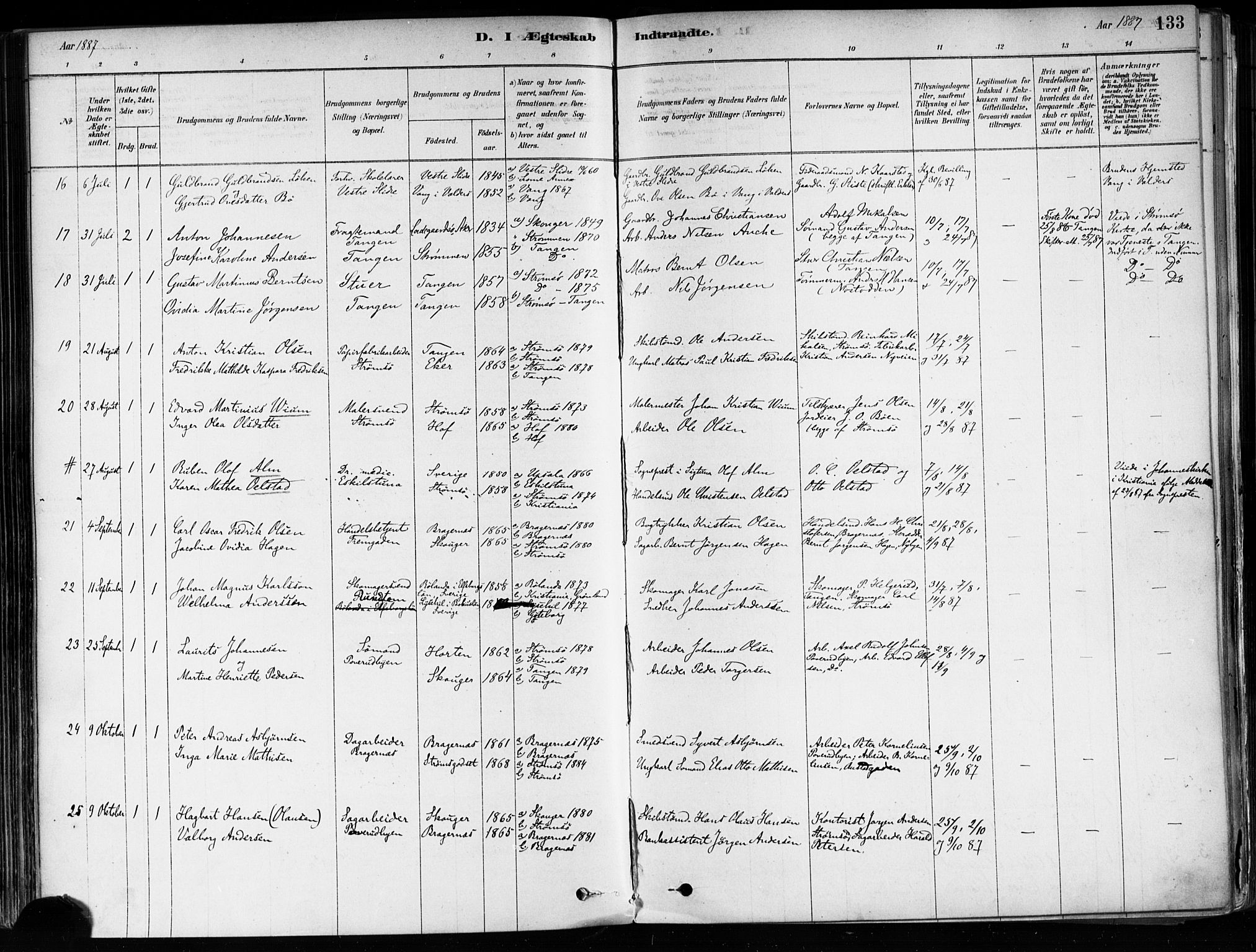 Strømsø kirkebøker, AV/SAKO-A-246/F/Fa/L0022: Parish register (official) no. I 22, 1879-1899, p. 133