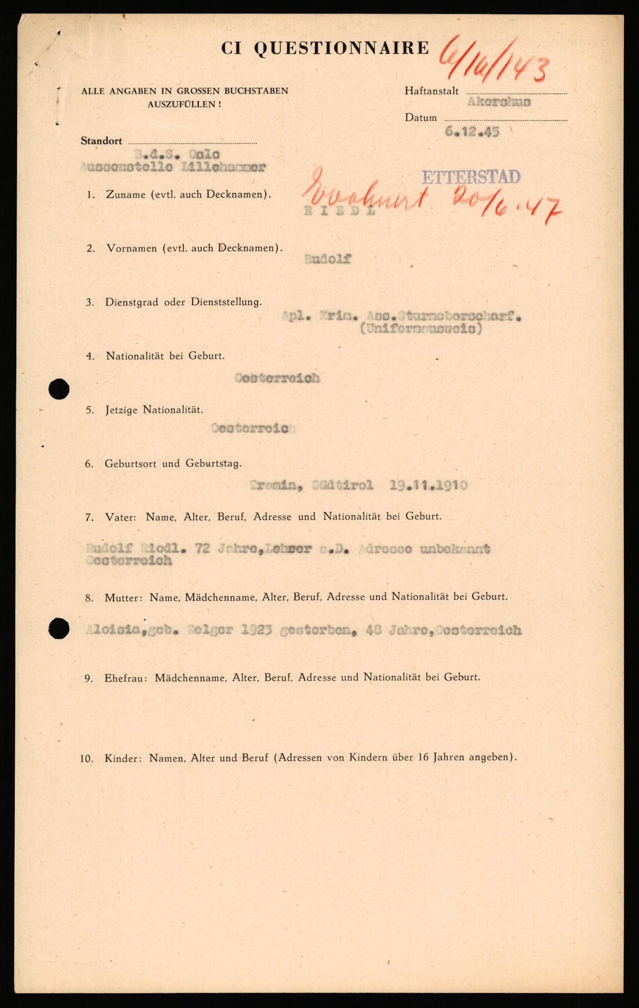 Forsvaret, Forsvarets overkommando II, AV/RA-RAFA-3915/D/Db/L0040: CI Questionaires. Tyske okkupasjonsstyrker i Norge. Østerrikere., 1945-1946, p. 117