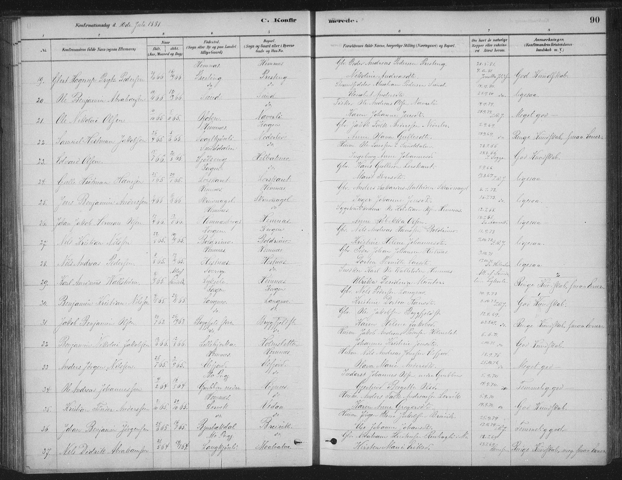 Ministerialprotokoller, klokkerbøker og fødselsregistre - Nordland, AV/SAT-A-1459/825/L0361: Parish register (official) no. 825A15, 1878-1893, p. 90