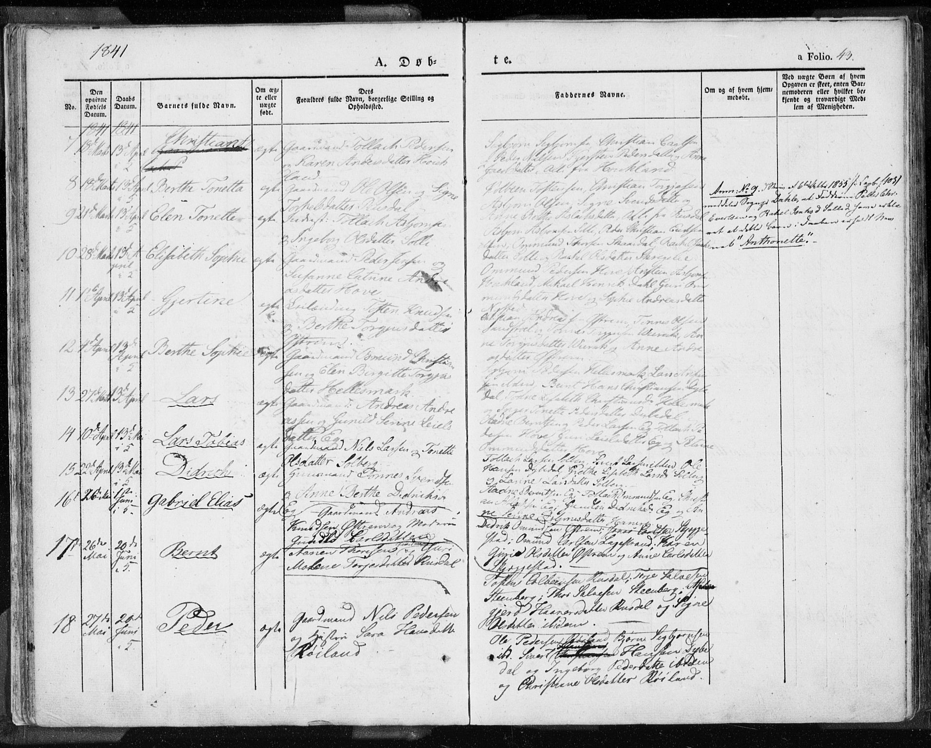 Lund sokneprestkontor, SAST/A-101809/S06/L0007: Parish register (official) no. A 7.1, 1833-1854, p. 43