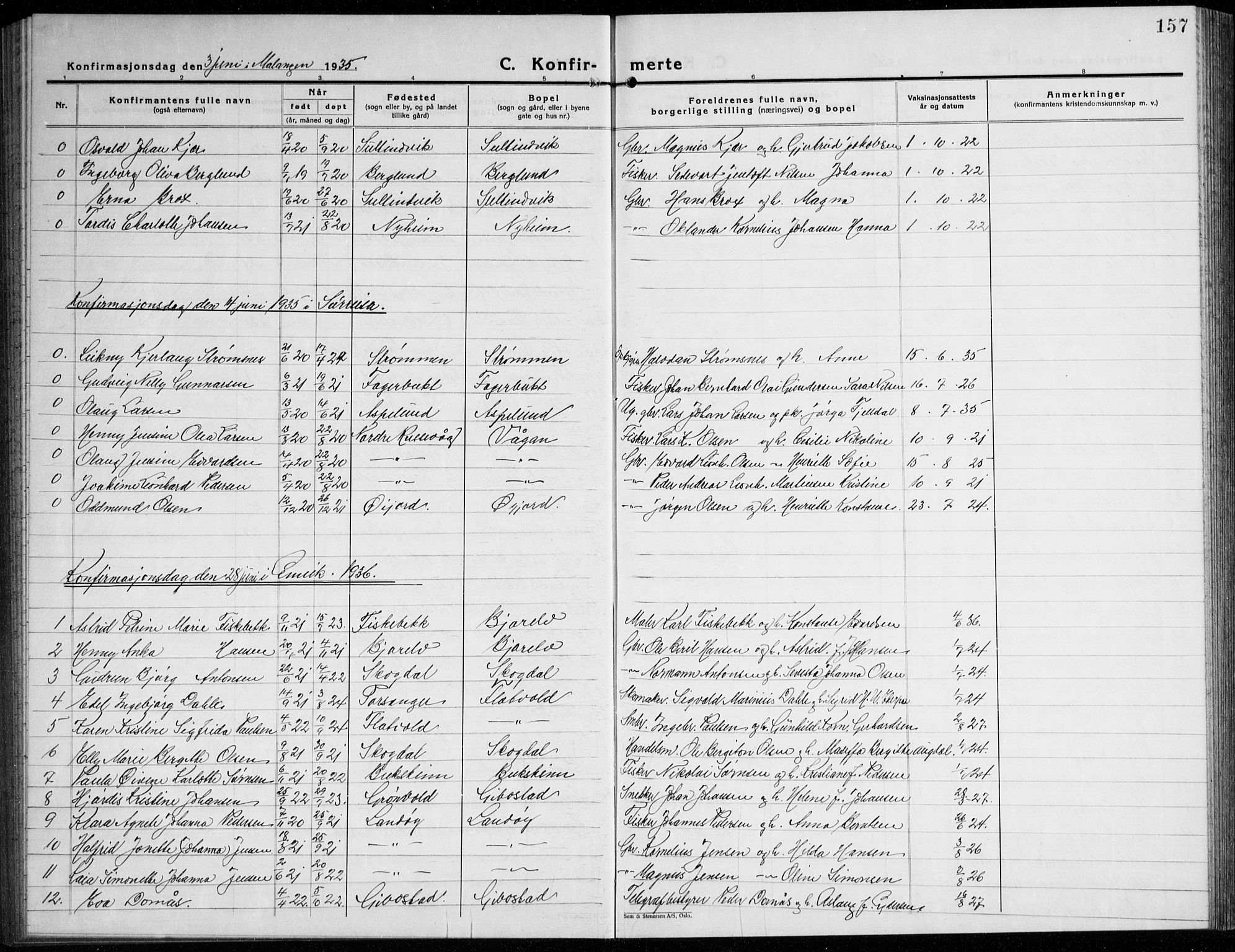 Lenvik sokneprestembete, SATØ/S-1310/H/Ha/Hab/L0010klokker: Parish register (copy) no. 10, 1927-1945, p. 157